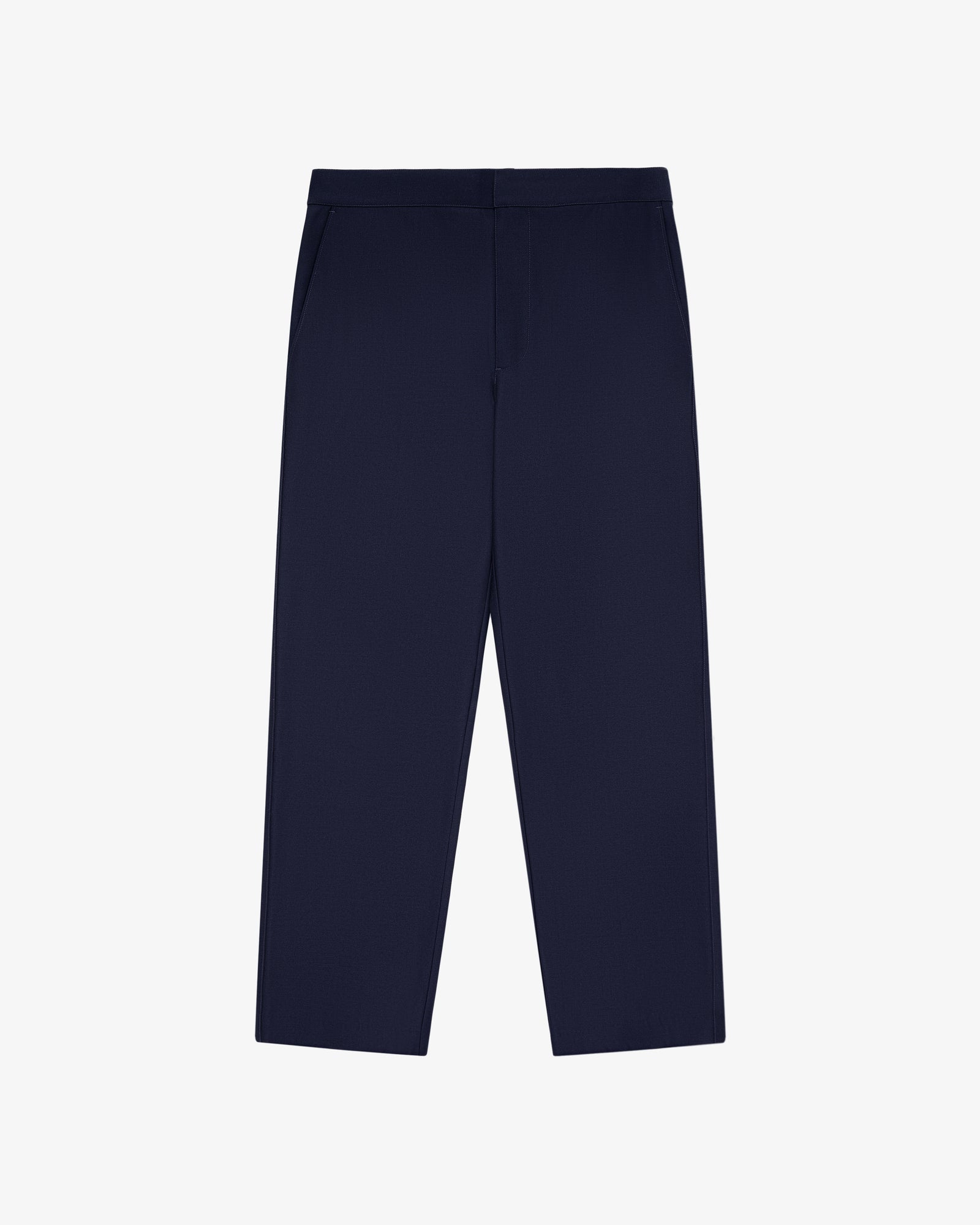 Tropical Wool Elasticated Waist Suit Trouser in navy, straight-leg and tailored fit, shown laid flat on white.