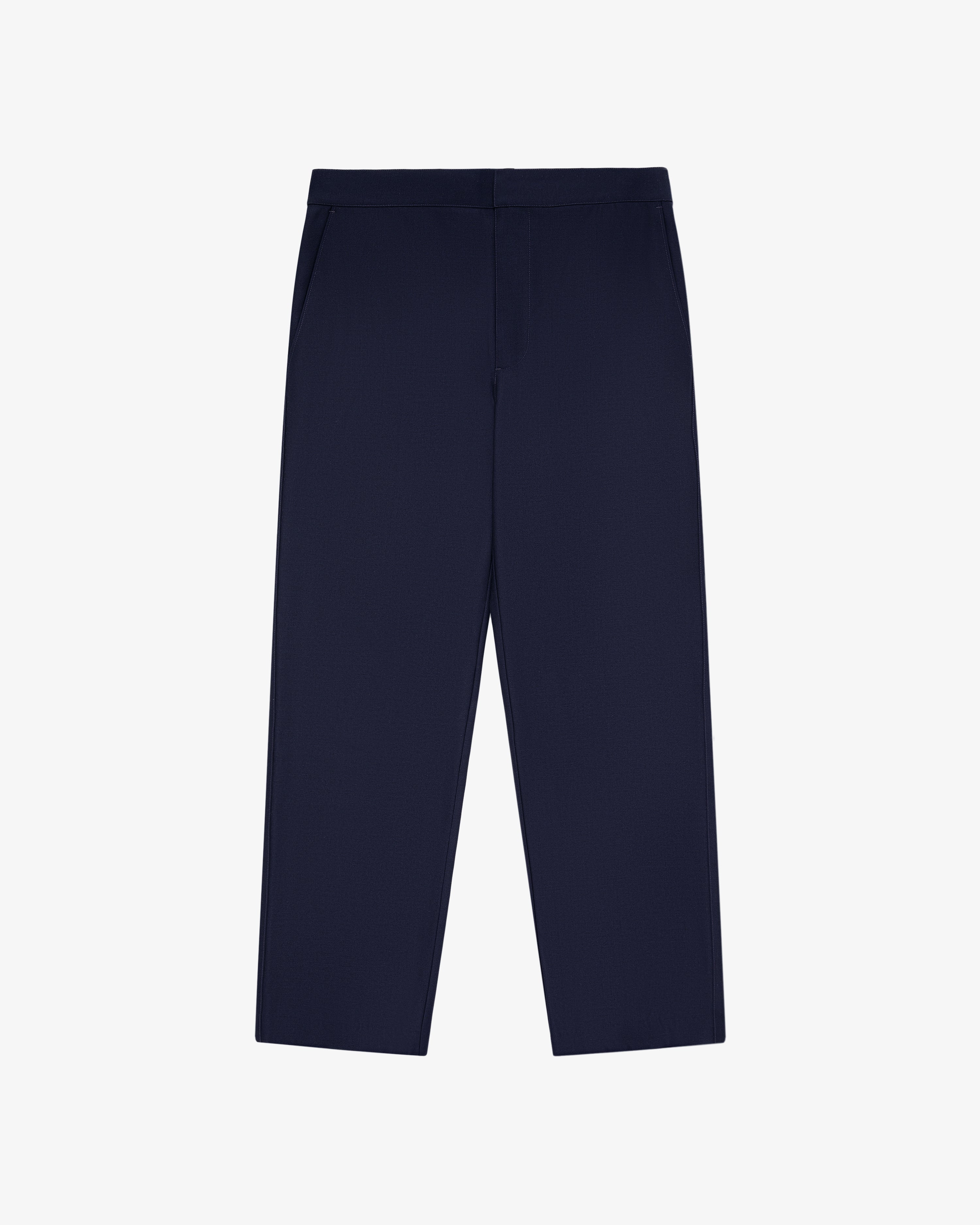 Tropical Wool Elasticated Waist Suit Trouser in navy, straight-leg and tailored fit, shown laid flat on white.