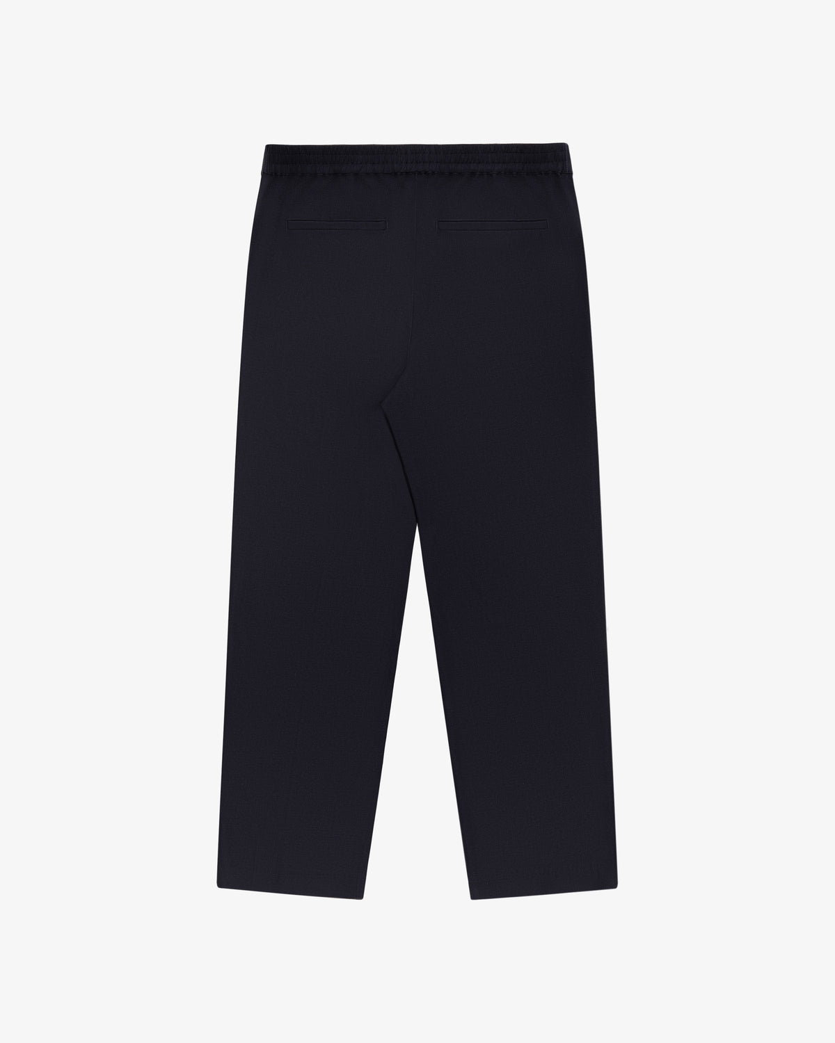 Back view of Tropical Wool Elasticated Waist Suit Trouser in black with two welt pockets, shown on a white background.