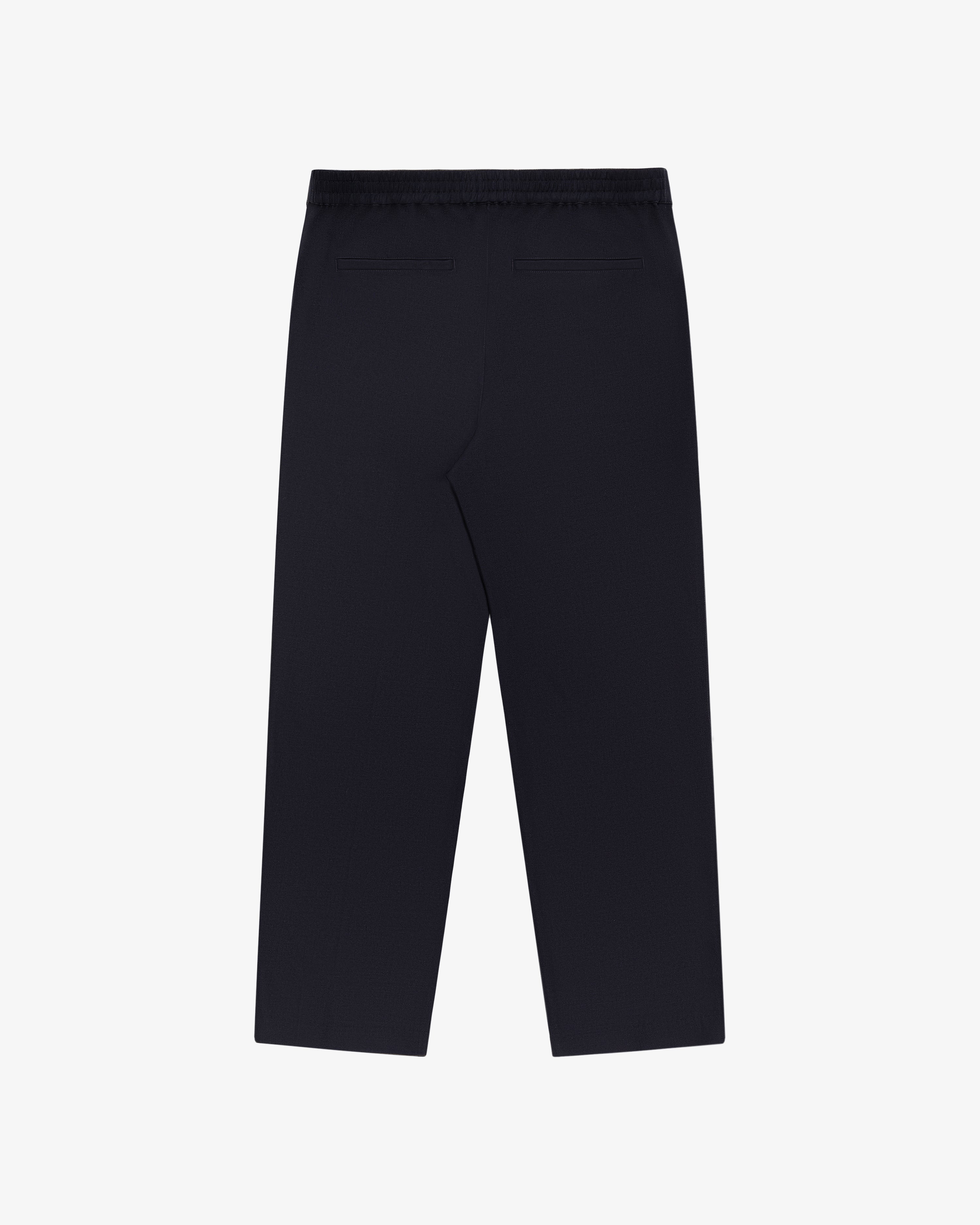 Back view of Tropical Wool Elasticated Waist Suit Trouser in black with two welt pockets, shown on a white background.