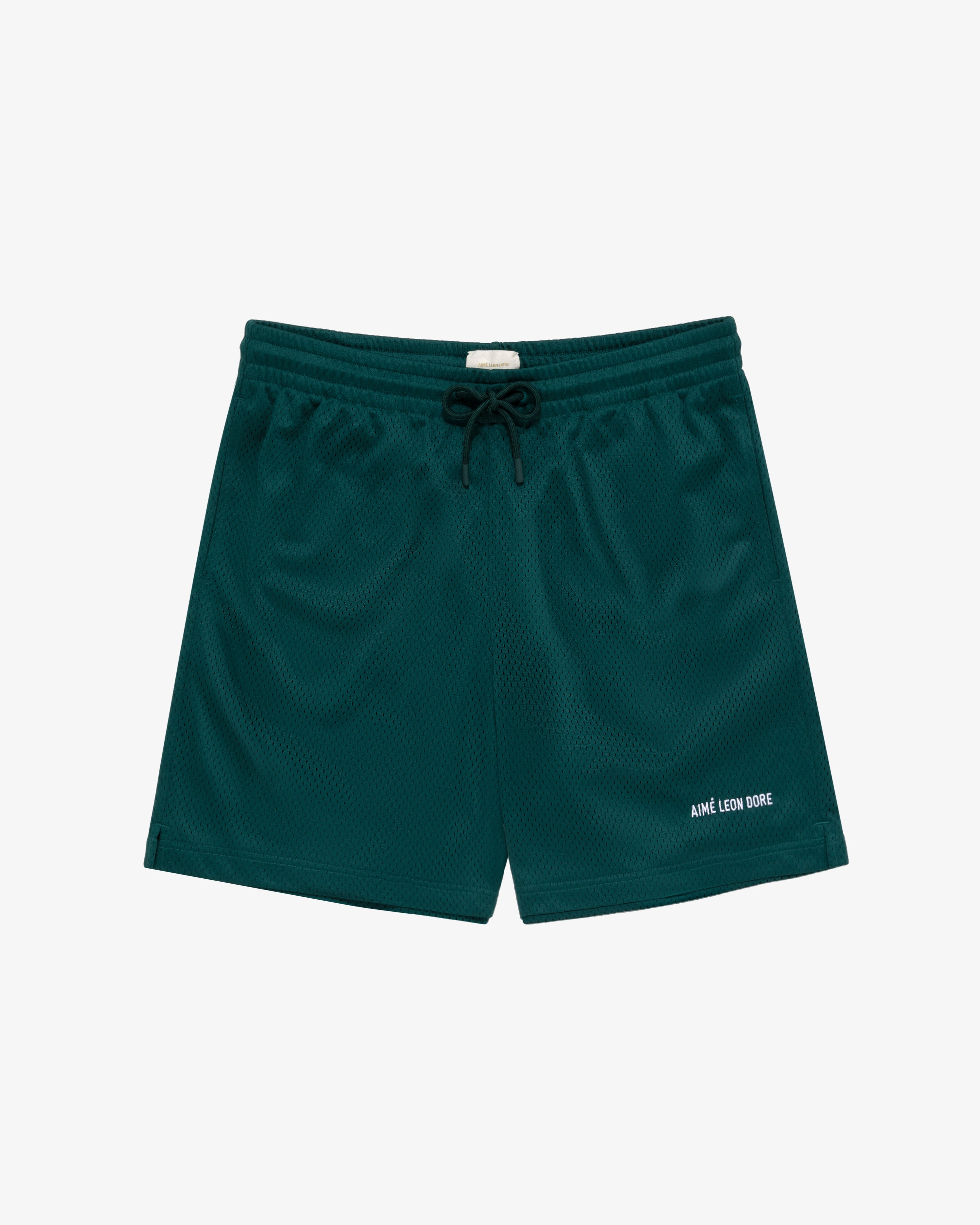 Dark green Logo Gym Short with drawstring waist and small white AIME LEON DORE text on one leg.