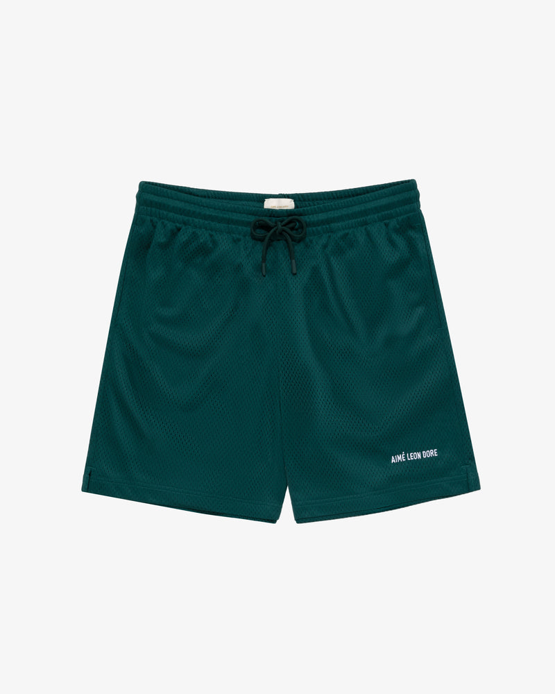 Dark green Logo Gym Short with drawstring waist and small white AIME LEON DORE text on one leg.