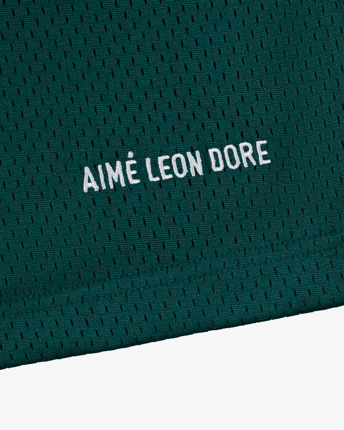 Close-up of green mesh Logo Gym Short with AIMÉ LEON DORE embroidered in white capital letters.