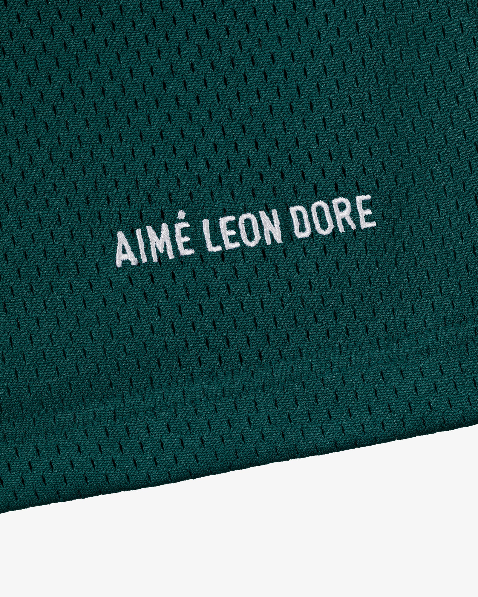 Close-up of green mesh Logo Gym Short with AIMÉ LEON DORE embroidered in white capital letters.
