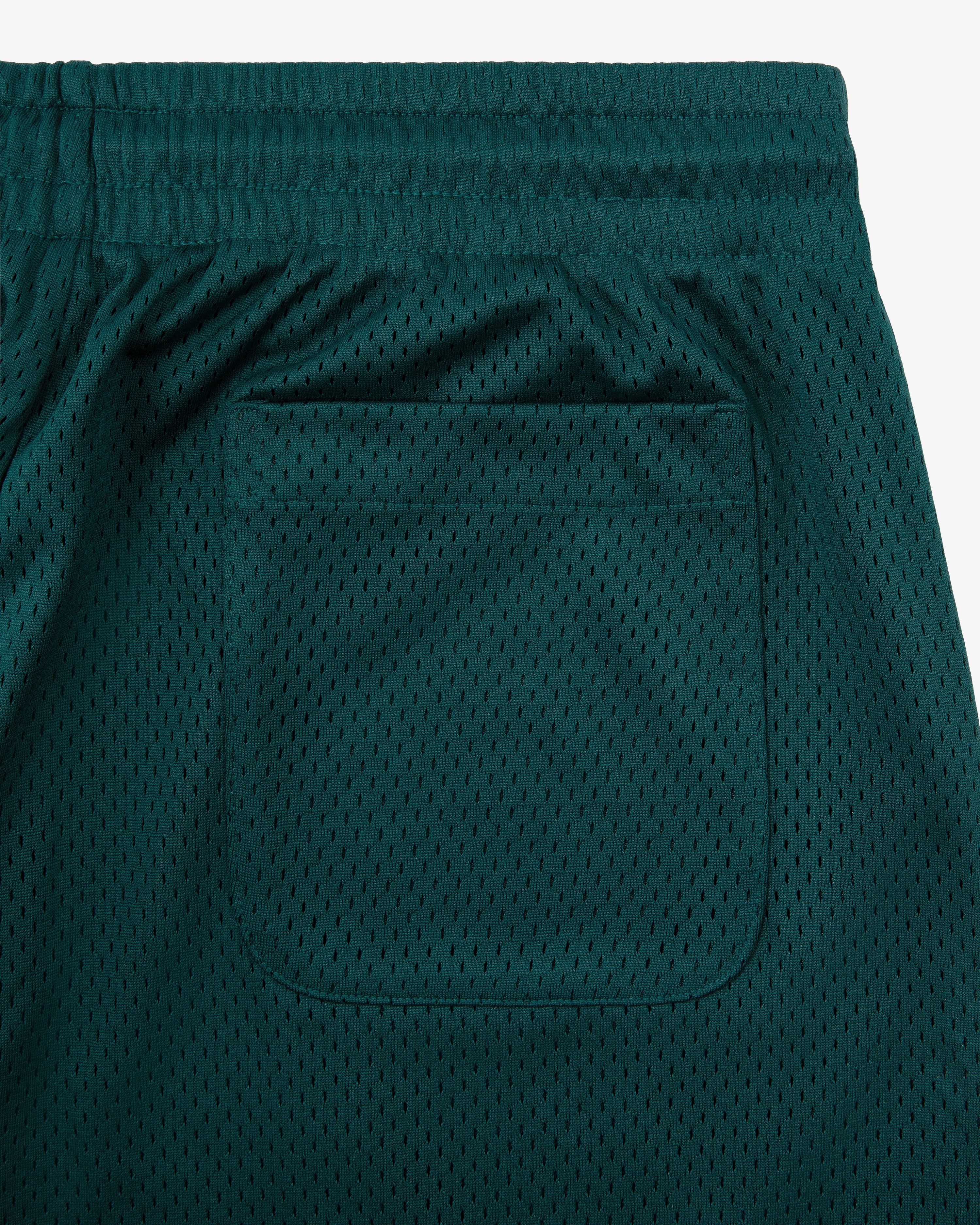 Close-up of Logo Gym Short in green with elastic waistband and single back pocket.