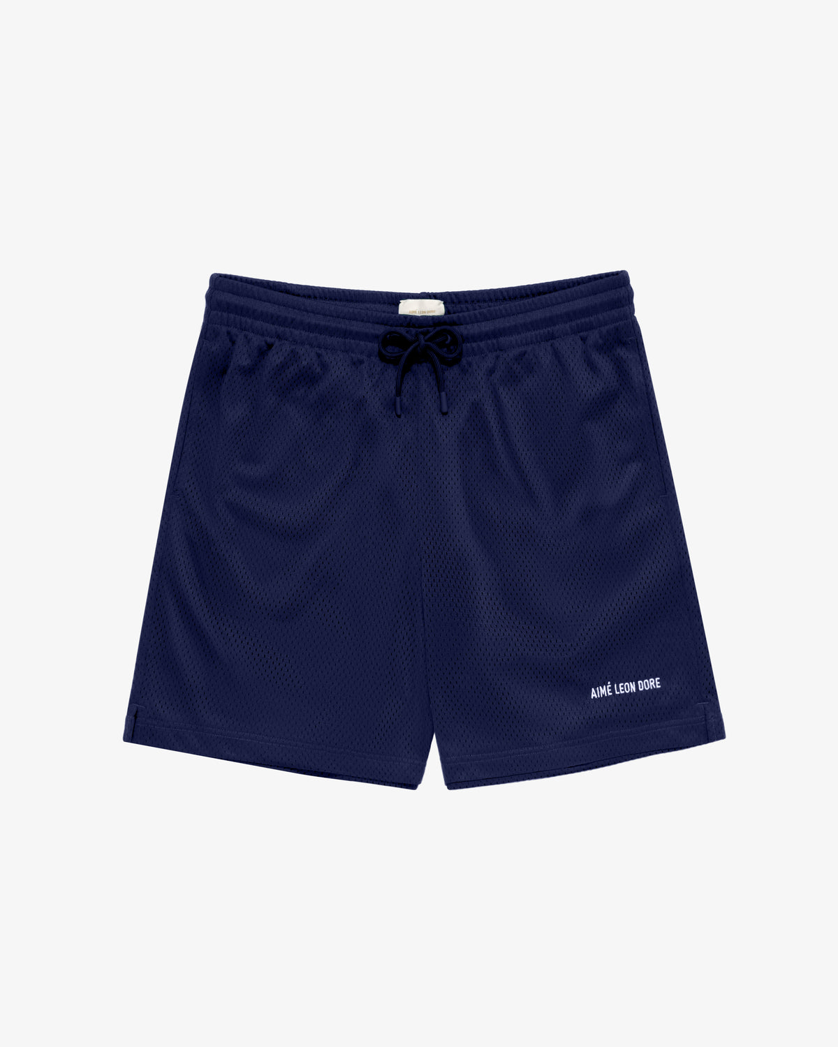 Logo Gym Short in navy blue mesh with drawstring waistband and small white logo on the lower left leg.