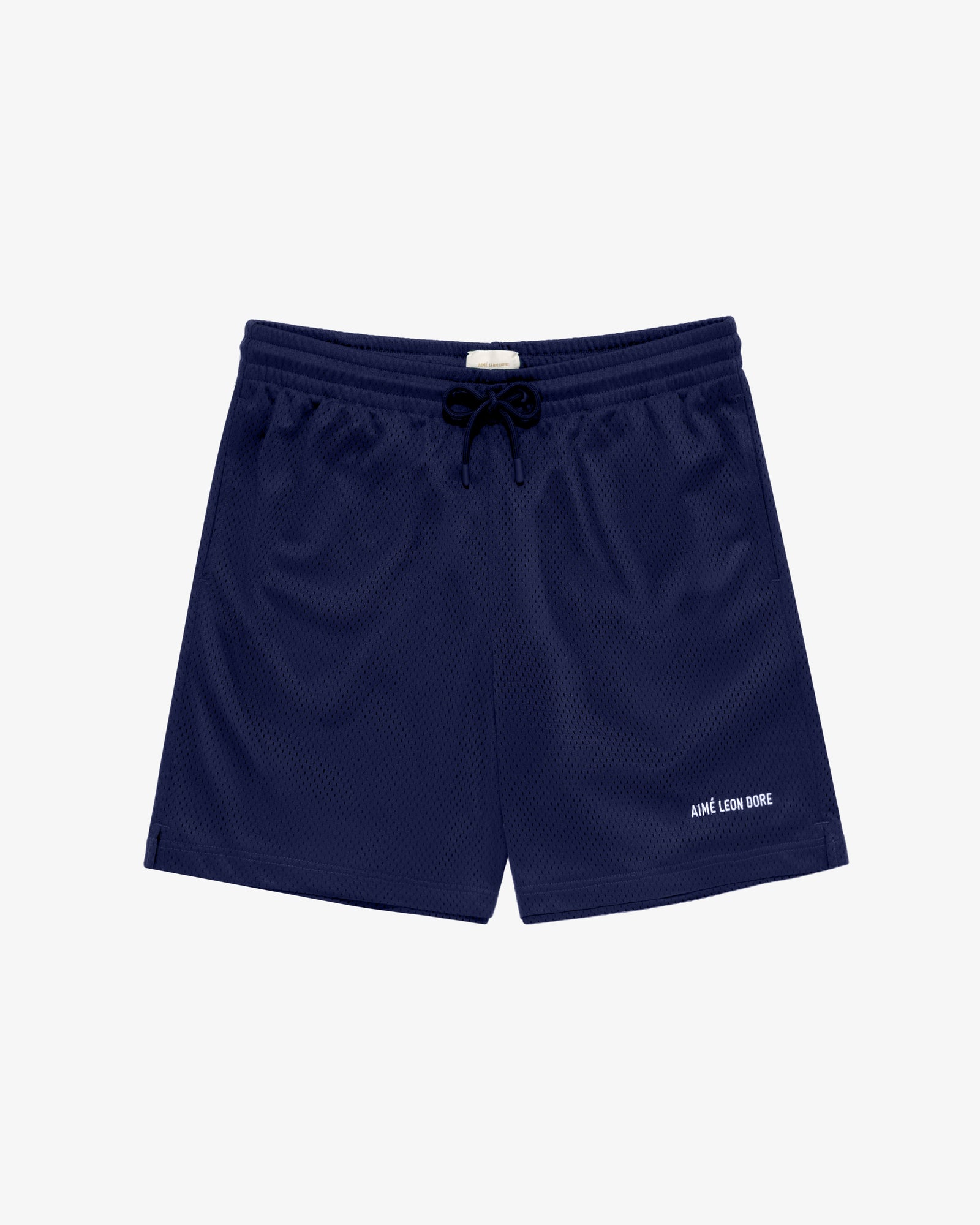 Logo Gym Short in navy blue mesh with drawstring waistband and small white logo on the lower left leg.