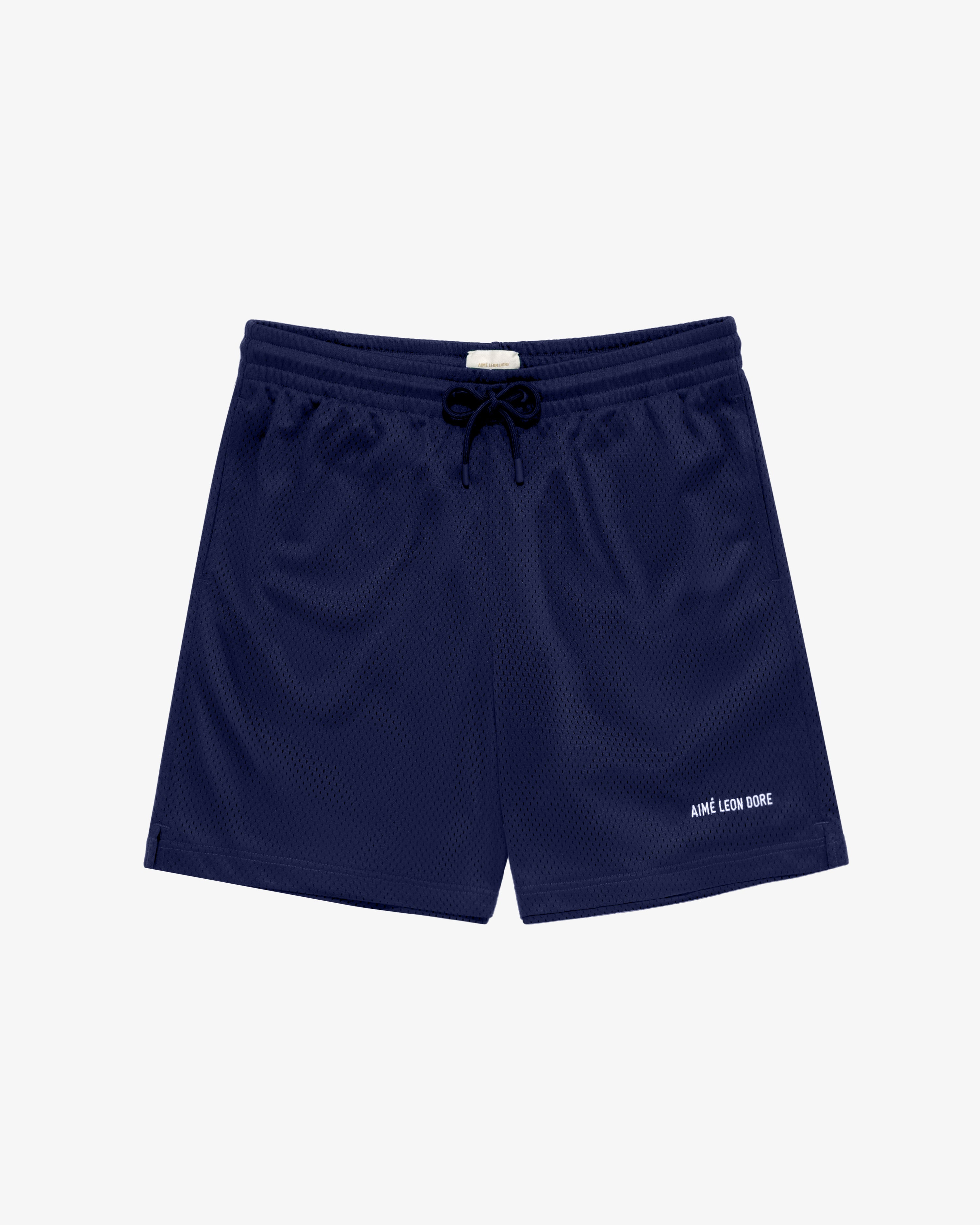 Logo Gym Short in navy blue mesh with drawstring waistband and small white logo on the lower left leg.