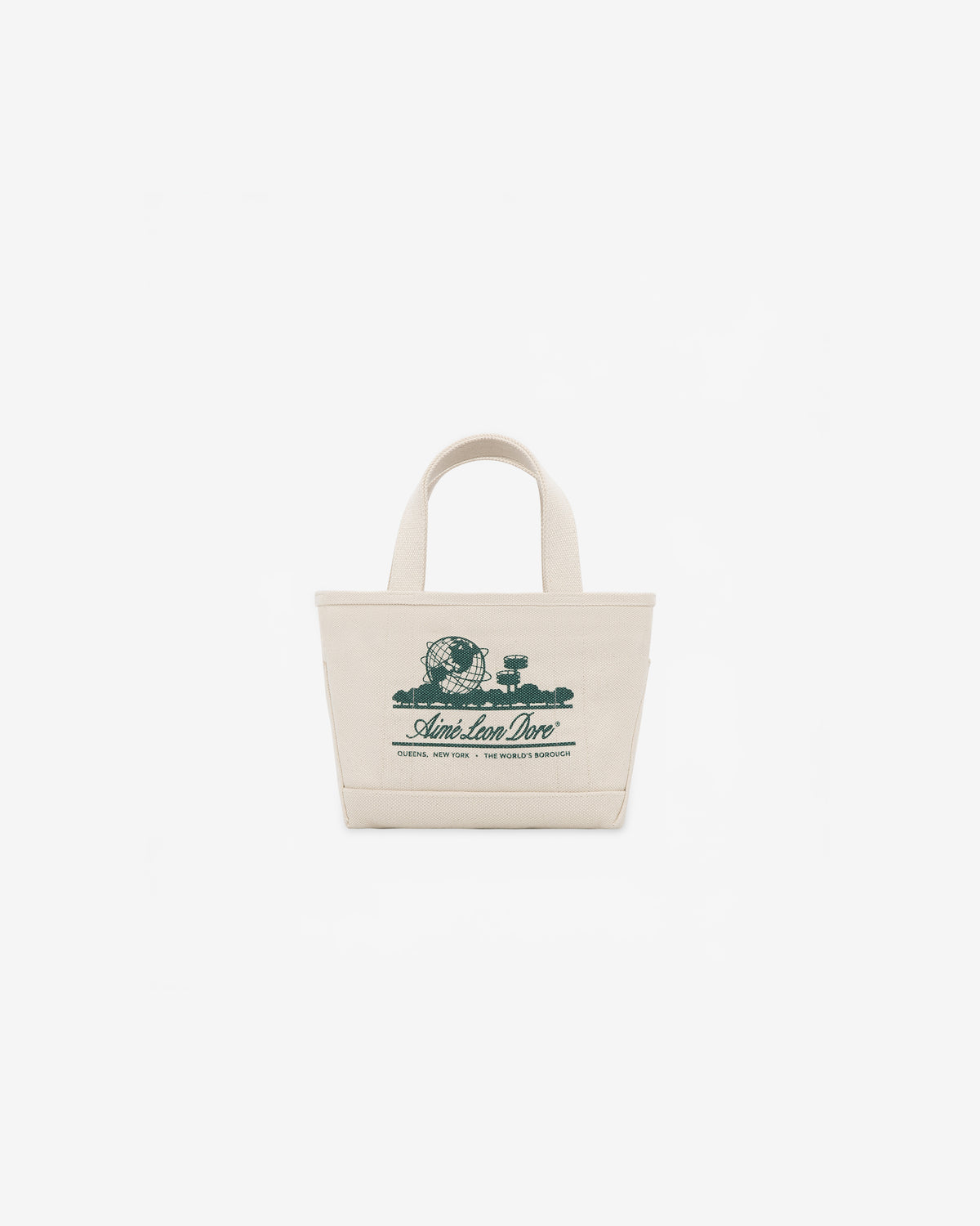 Mini Unisphere Tote Bag: small beige tote with short handles, green vintage train graphic, and front text.