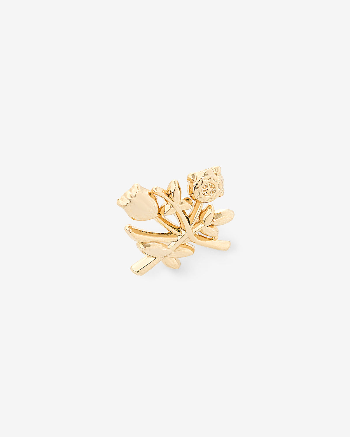ALD Pin: gold brooch with two crossed flowers, detailed petals and stems on a plain white background.