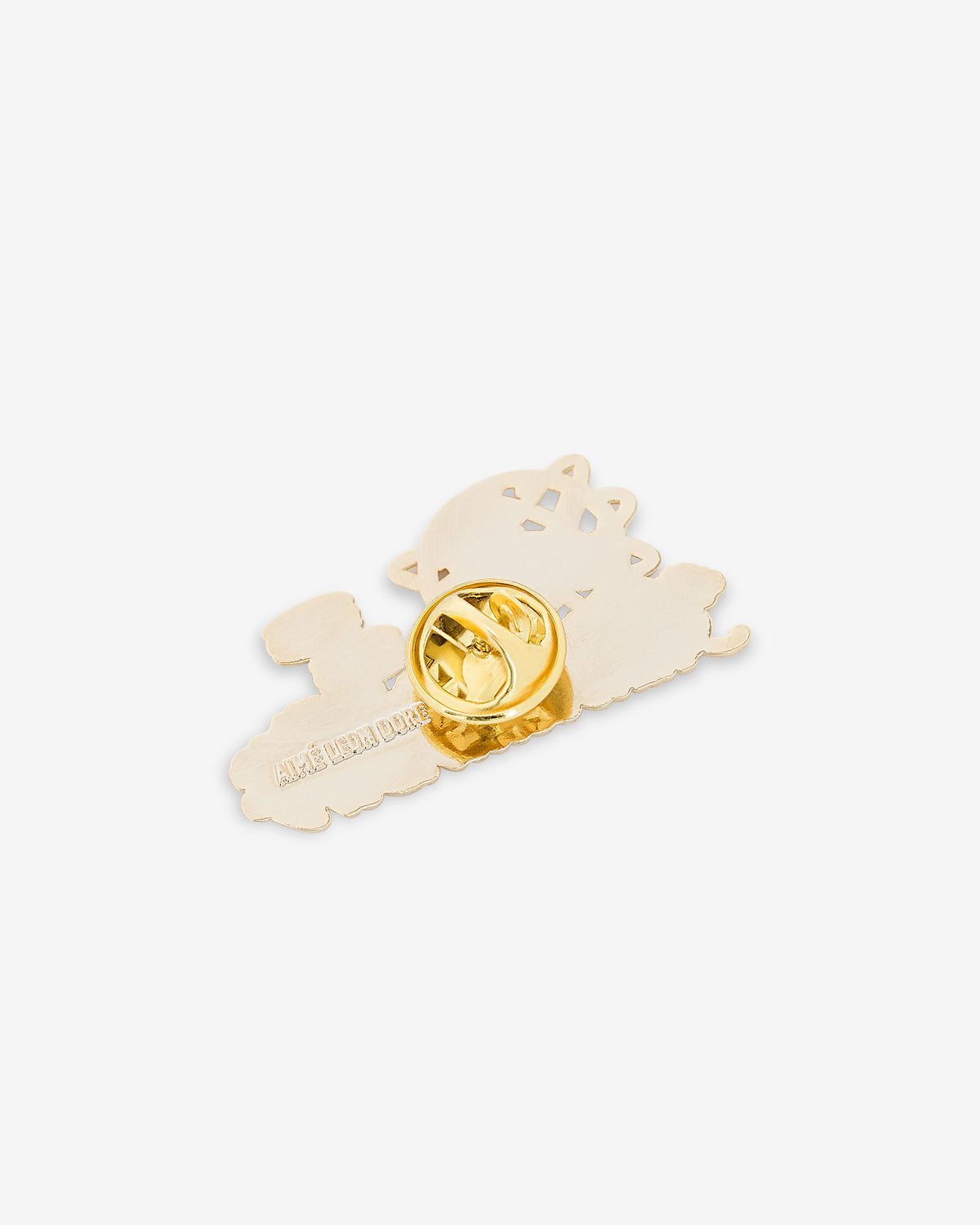 ALD Pin: Gold enamel pin with butterfly clutch, cat riding a train design, rear view.