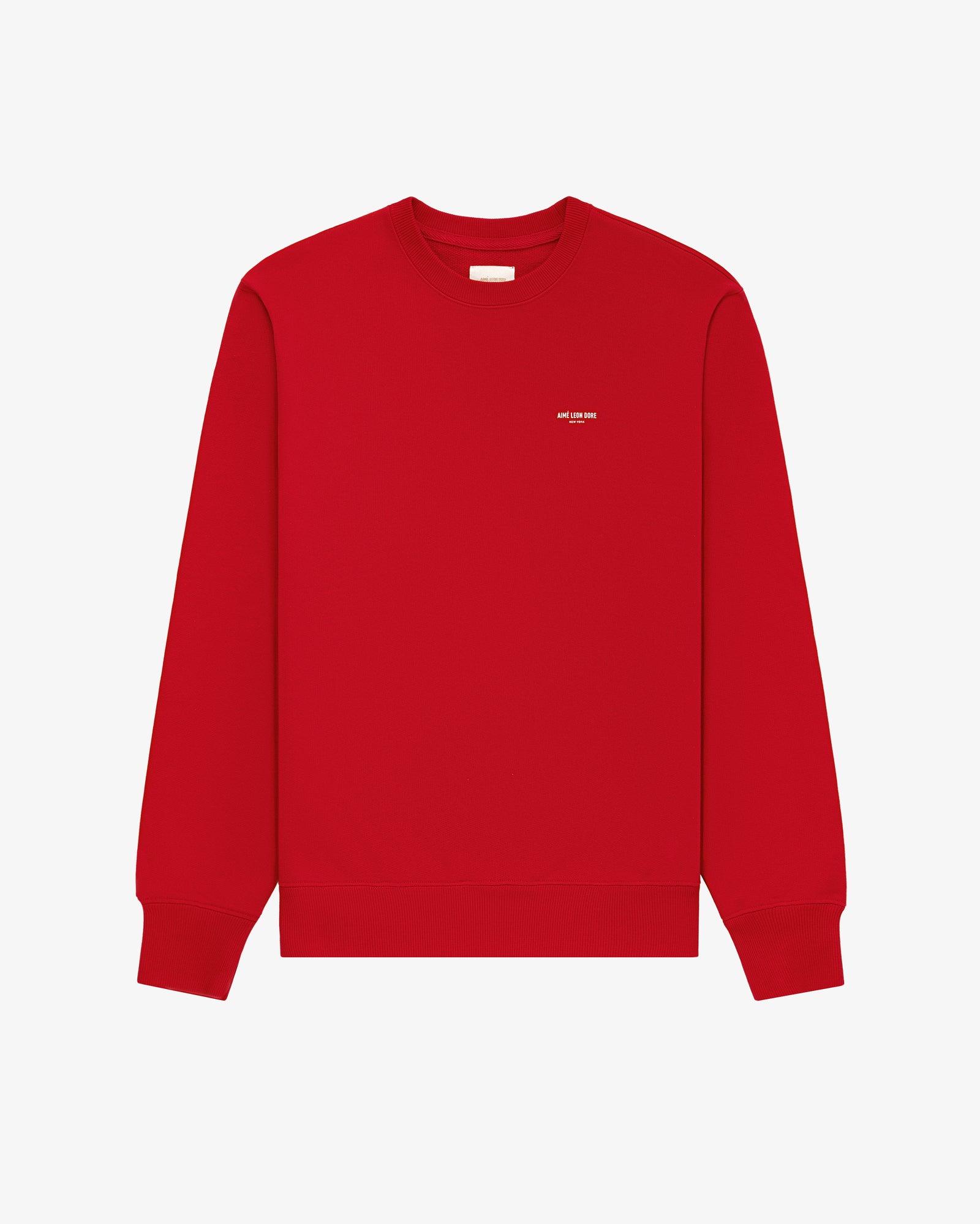 Micro Logo Crewneck Sweatshirt in red with small white chest text, shown on a plain white background.