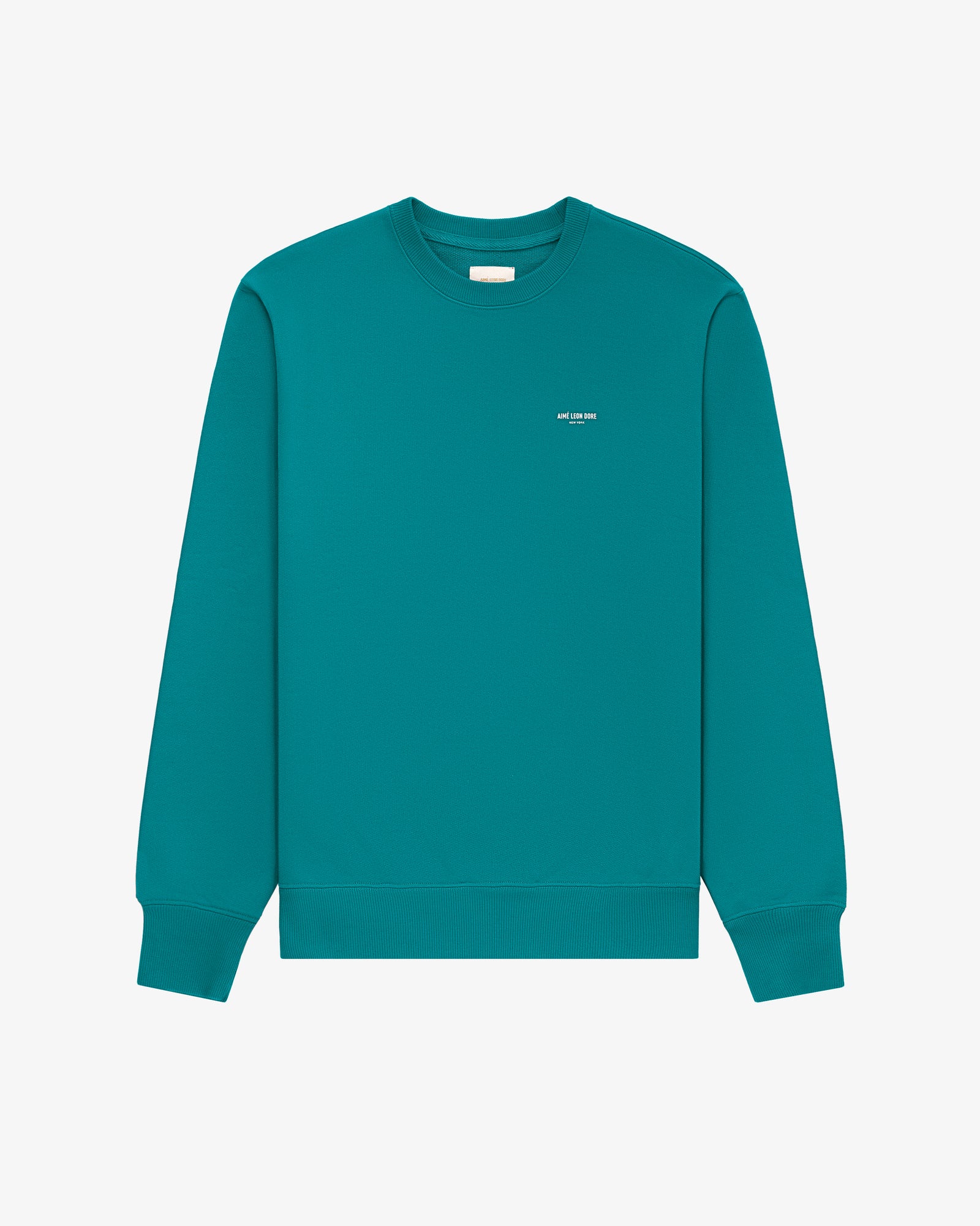 Micro Logo Crewneck Sweatshirt in teal with small white chest text, shown flat on a white background.