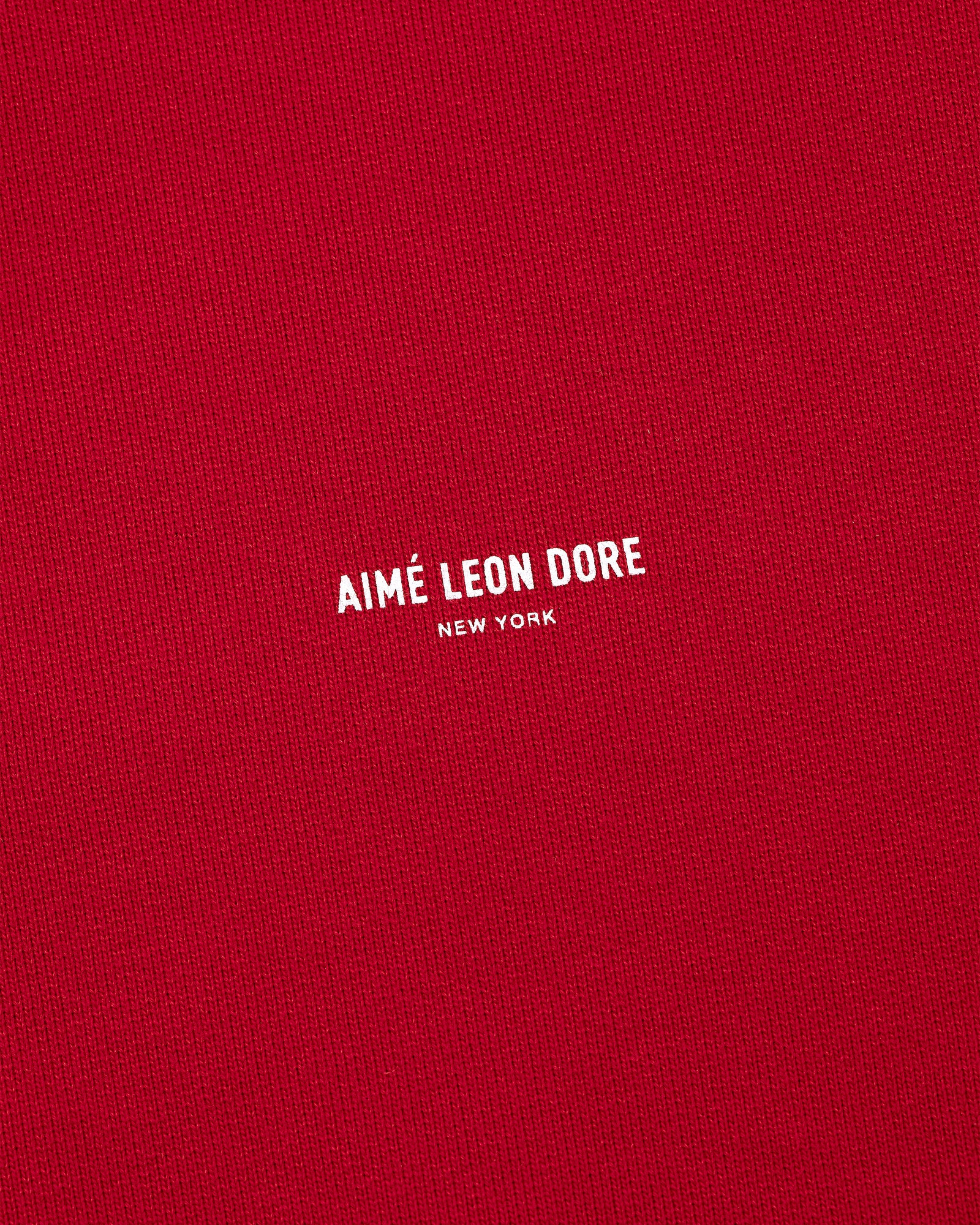 Red Micro Logo Crewneck Sweatshirt with small white AIMÉ LEON DORE NEW YORK print centered on the chest.