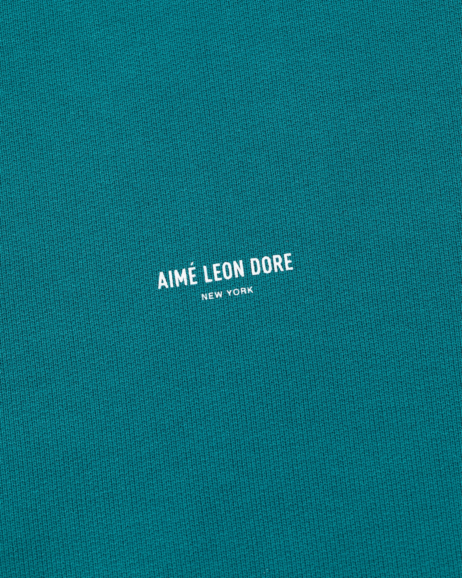 Teal Micro Logo Crewneck Sweatshirt with small white AIMÉ LEON DORE NEW YORK text centered on the front.