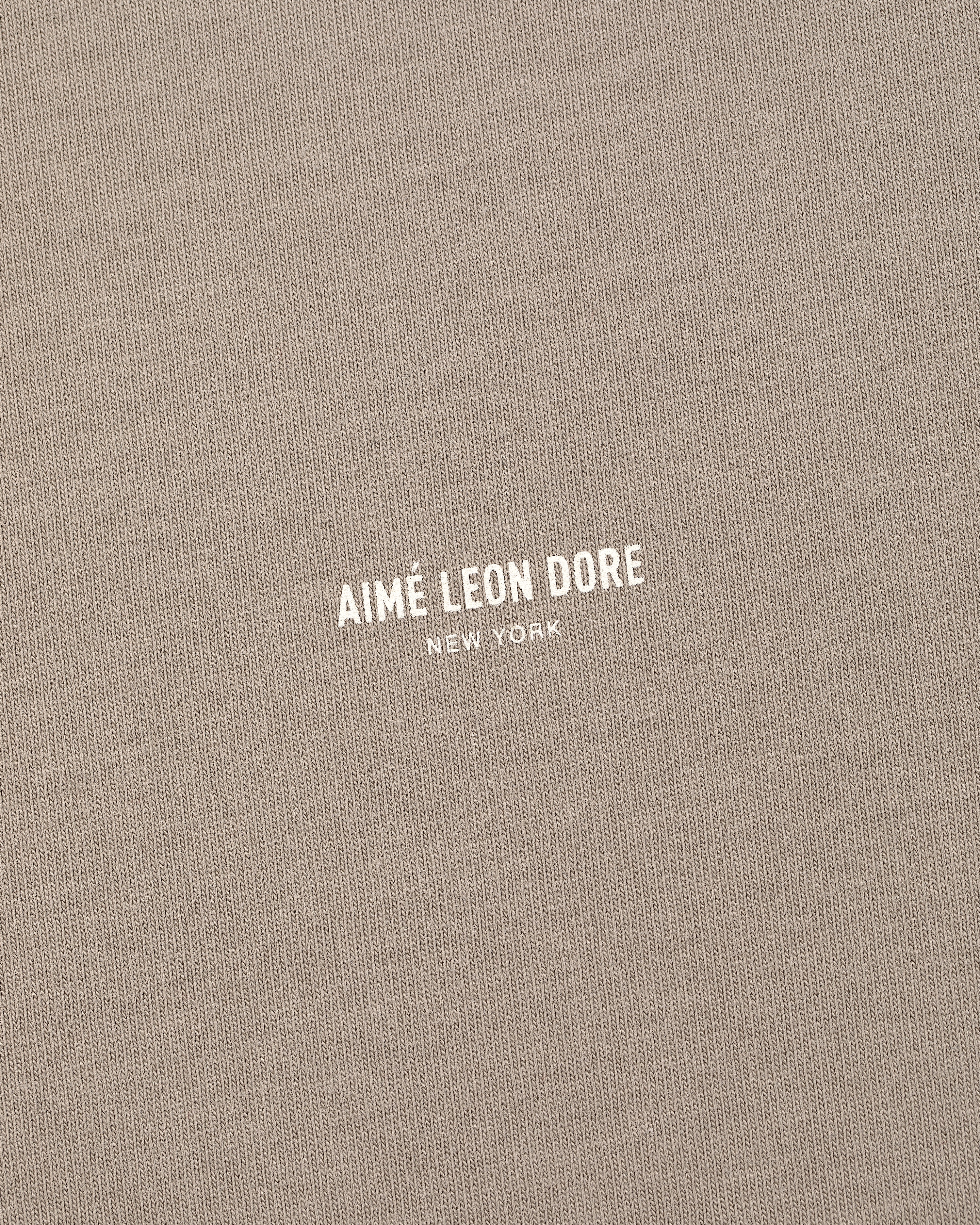 Close-up of beige Micro Logo Tee with AIMÉ LEON DORE NEW YORK printed in small white letters at the center.