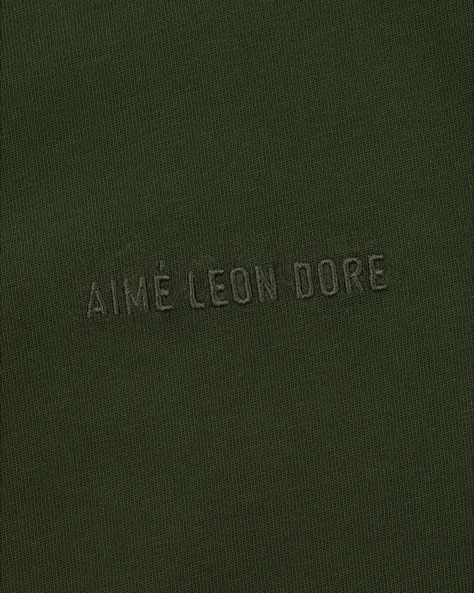 Close-up of olive green Tonal Logo Tee with AIMÉ LEON DORE embroidered in matching thread across the chest.