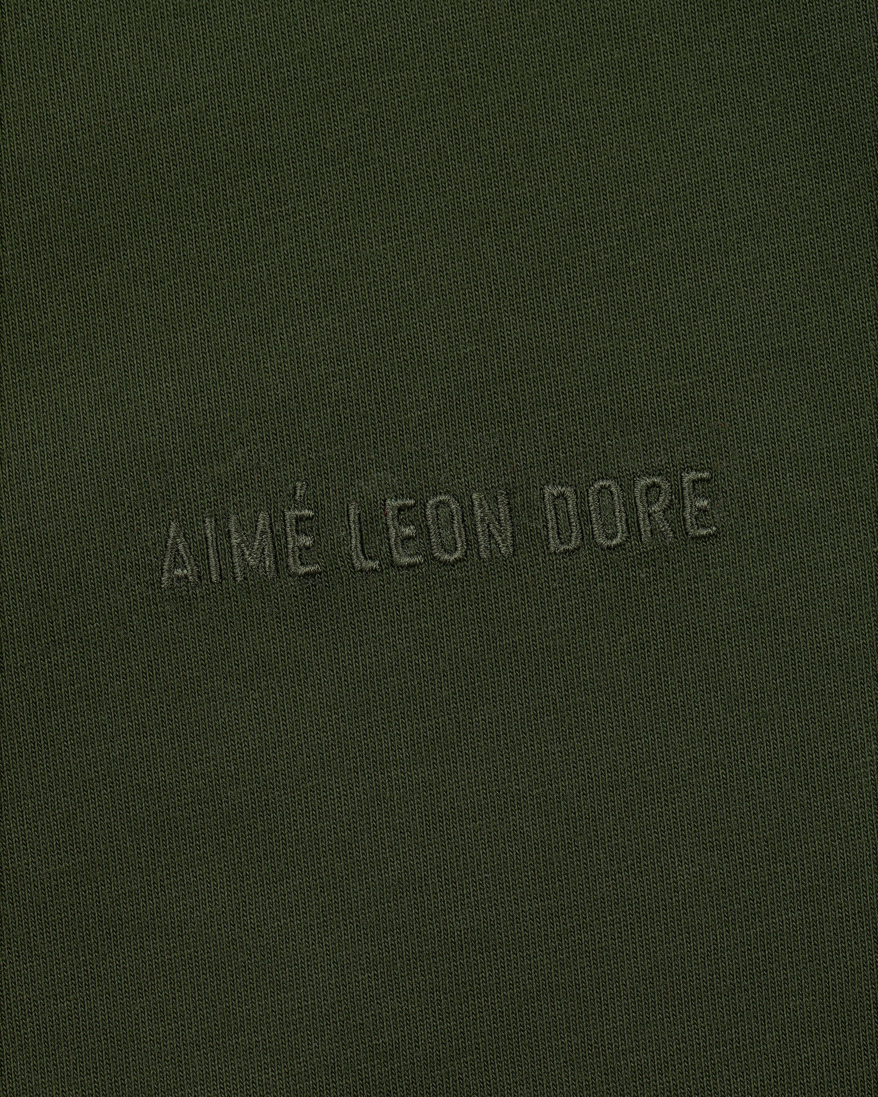 Close-up of olive green Tonal Logo Tee with AIMÉ LEON DORE embroidered in matching thread across the chest.
