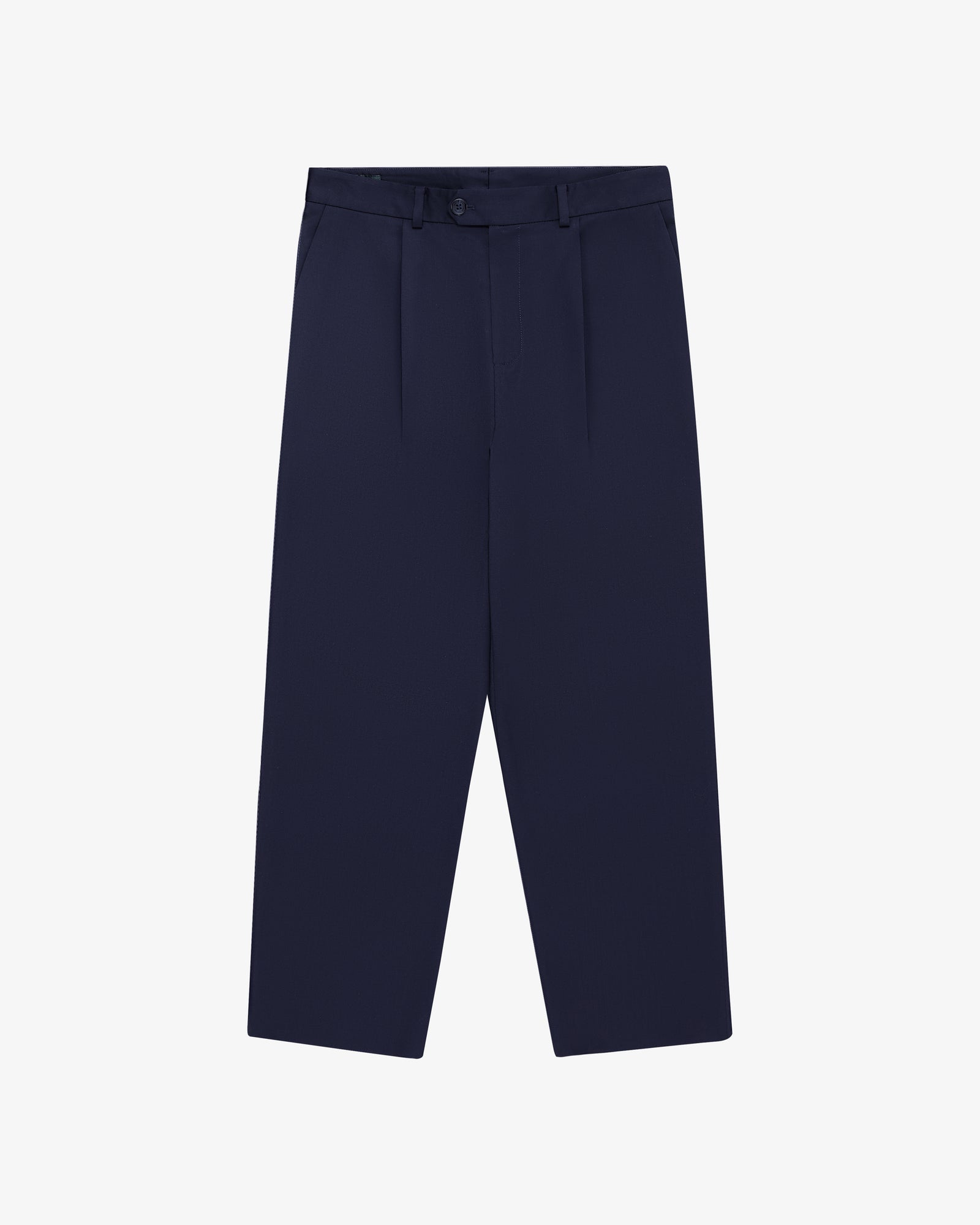 Navy Single-Pleated Gabardine Trouser with wide legs, button and zip closure, on a plain white background.