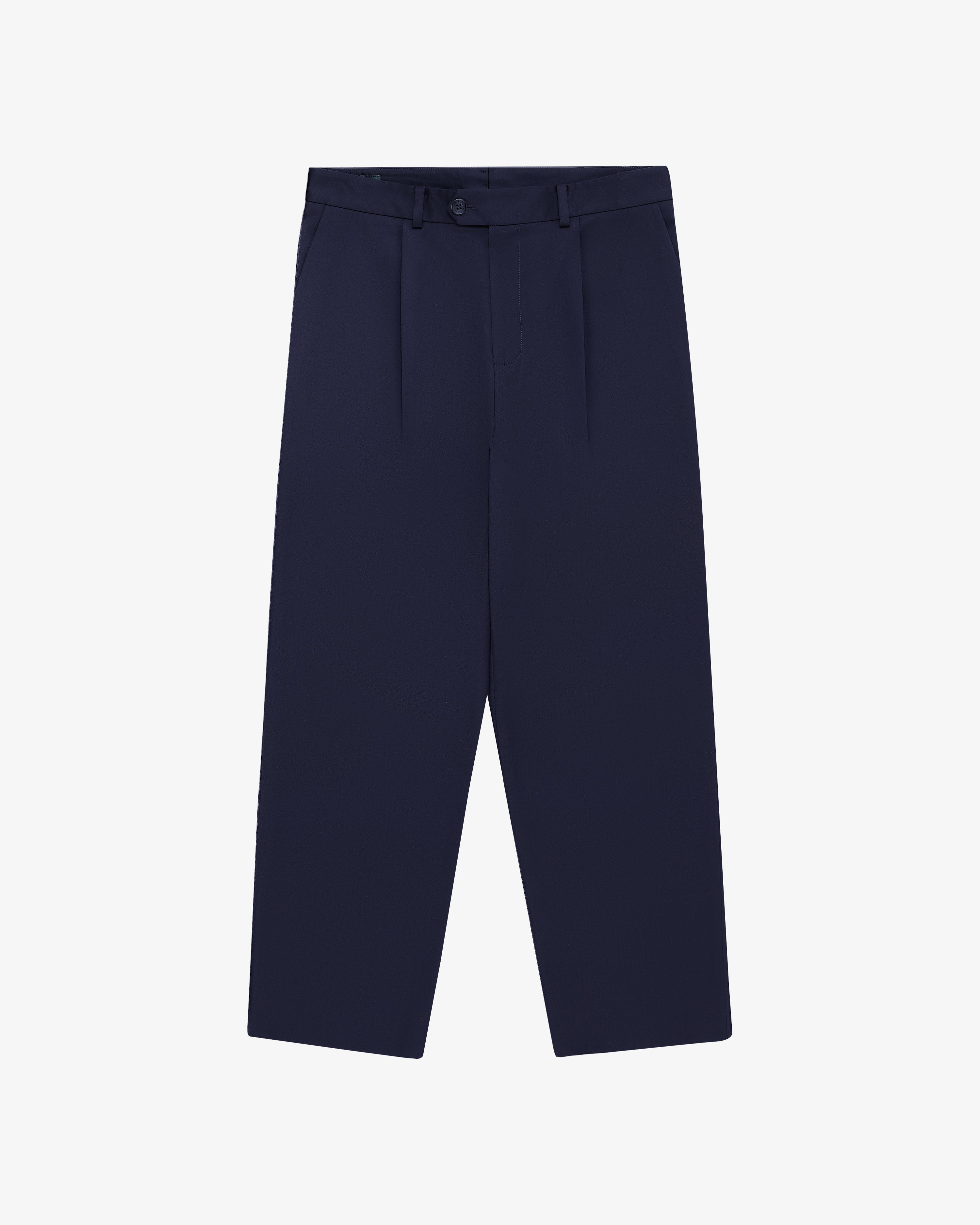 Navy Single-Pleated Gabardine Trouser with wide legs, button and zip closure, on a plain white background.
