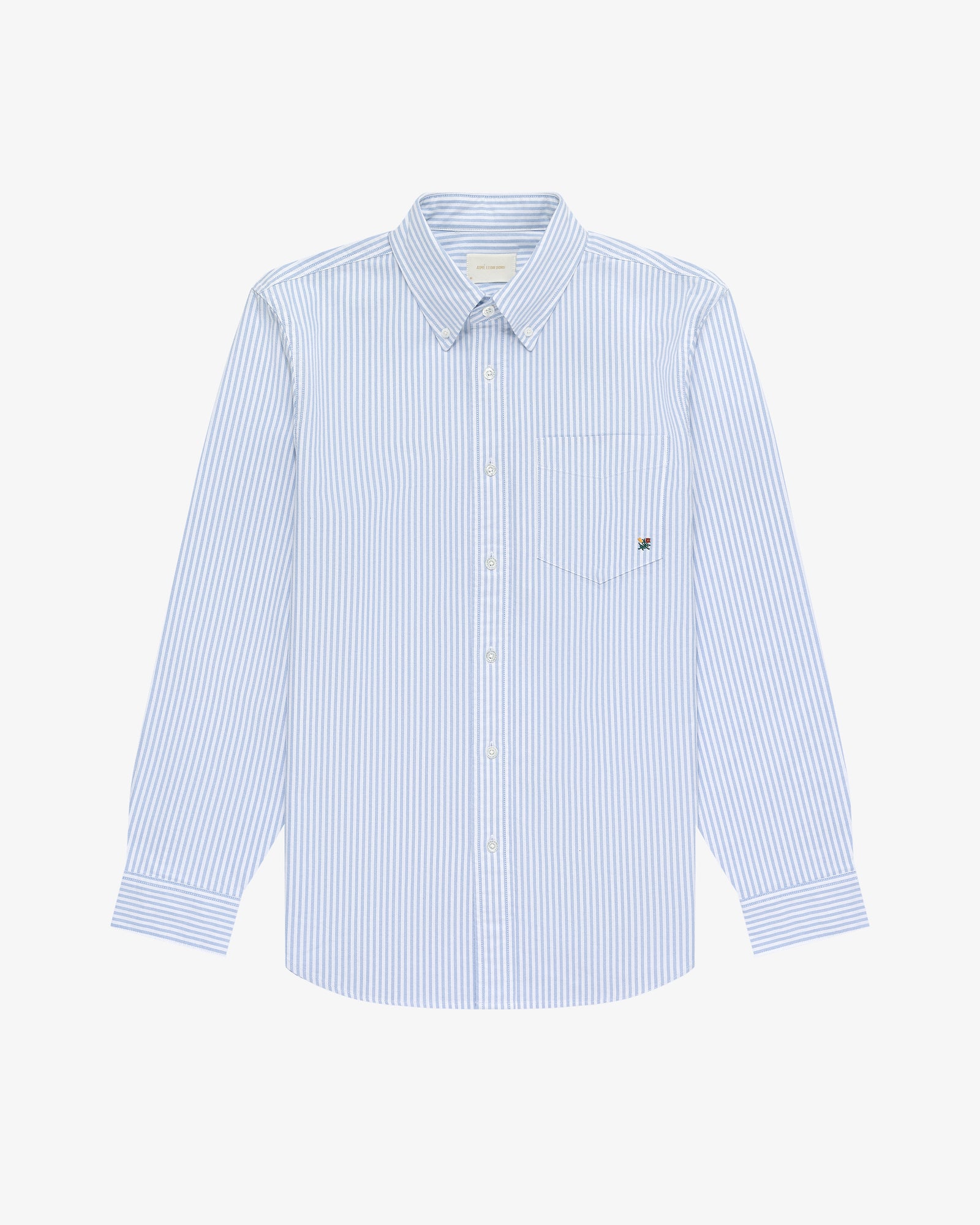 Striped Crest Oxford Shirt in light blue and white with long sleeves and chest pocket, on a white background.