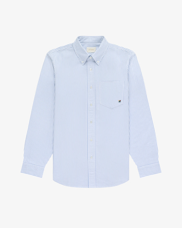 Striped Crest Oxford Shirt in light blue and white with long sleeves and chest pocket, on a white background.