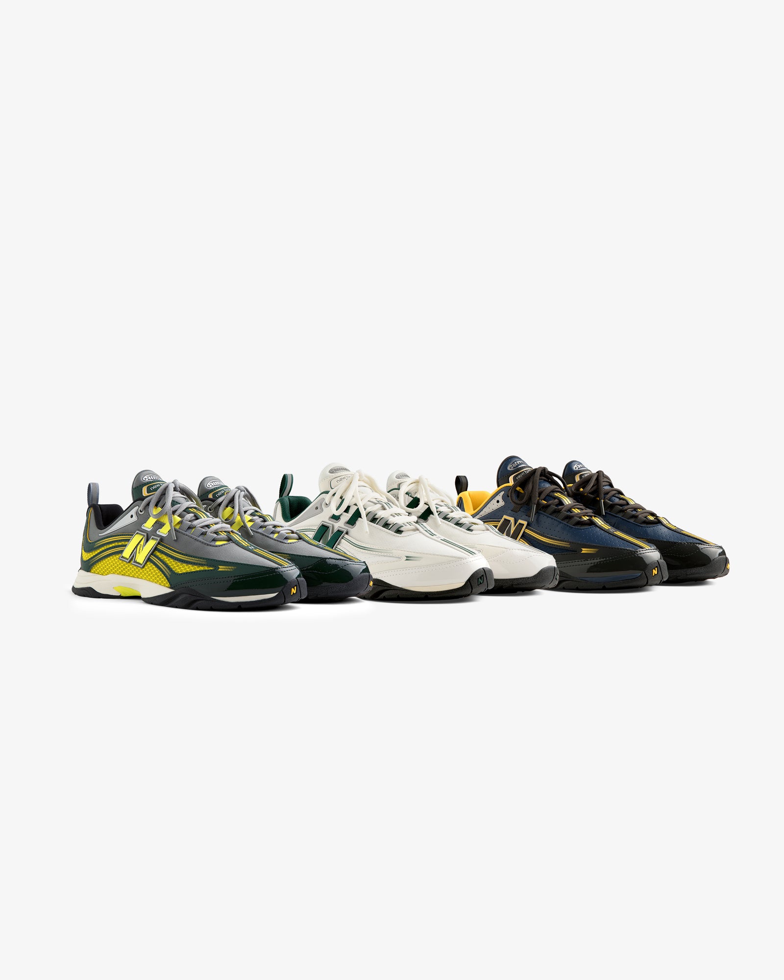 Five pairs of ALD / New Balance RC56 sneakers in various colors are lined up side by side on a white background.