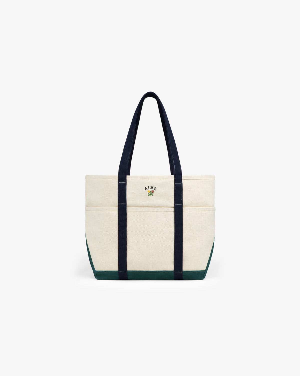 Large Crest Contrast Tote Bag with navy handles, green base, and small embroidered front-center design.