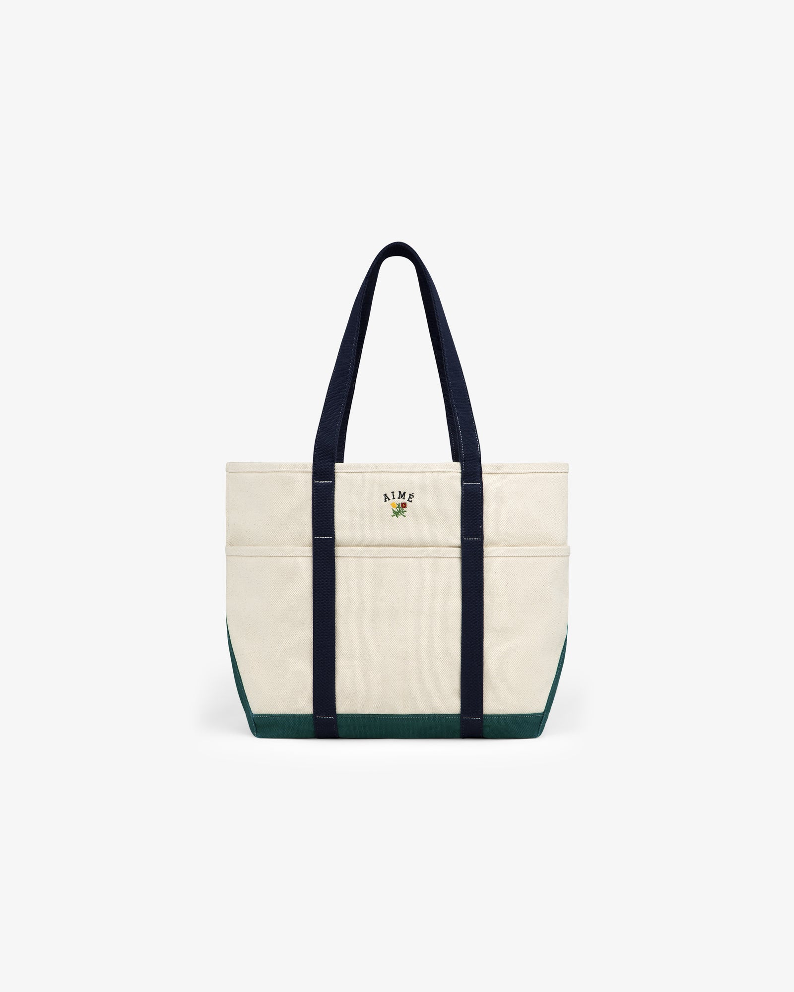 Large Crest Contrast Tote Bag with navy handles, green base, and small embroidered front-center design.
