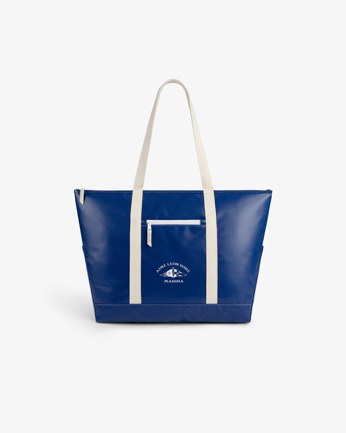 Carryall Marina Tote: blue with white handles, front zipper pocket, and white text and logo on the front.