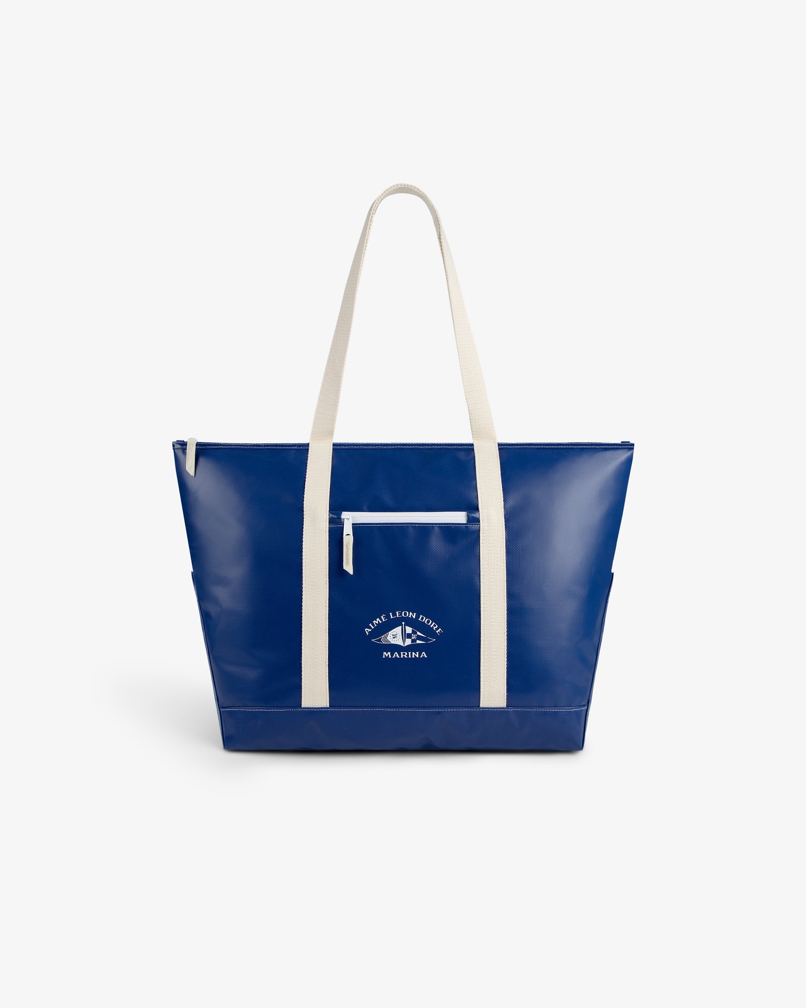 Carryall Marina Tote: blue with white handles, front zipper pocket, and white text and logo on the front.