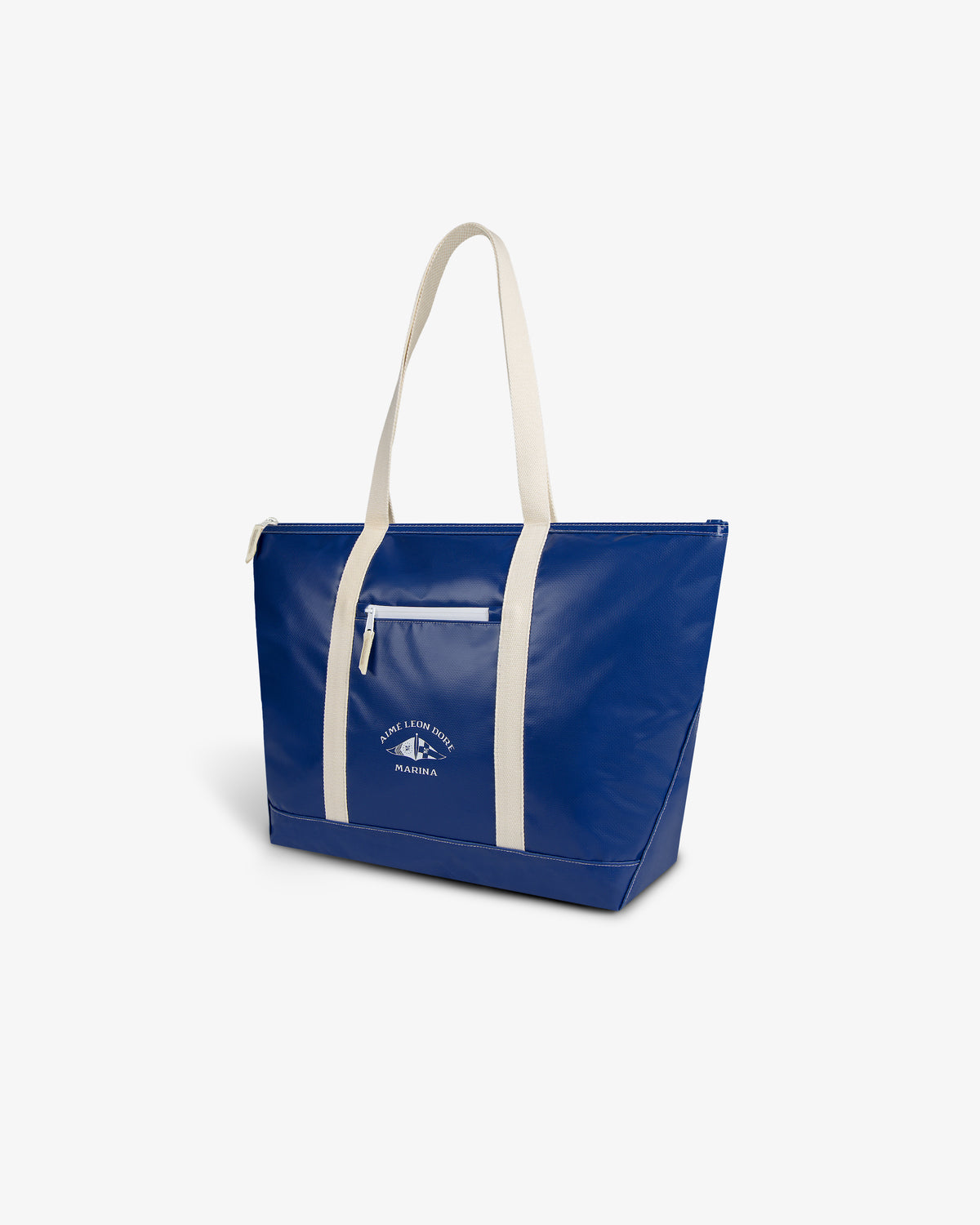 Carryall Marina Tote in blue with white straps and a small front pocket, shown on a white background.