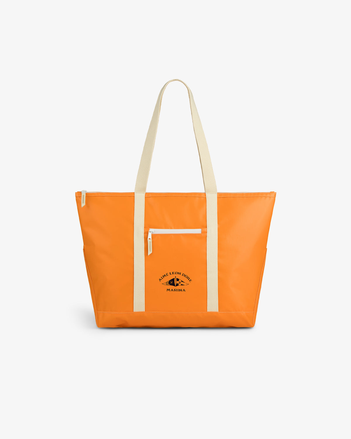 Carryall Marina Tote: Bright orange with cream handles/trim, front zip pocket, and small black logo.