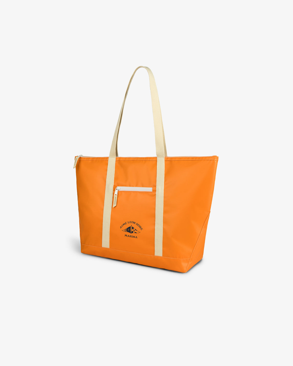 Carryall Marina Tote in bright orange with beige handles, front zip pocket, and small logo with text on the front.
