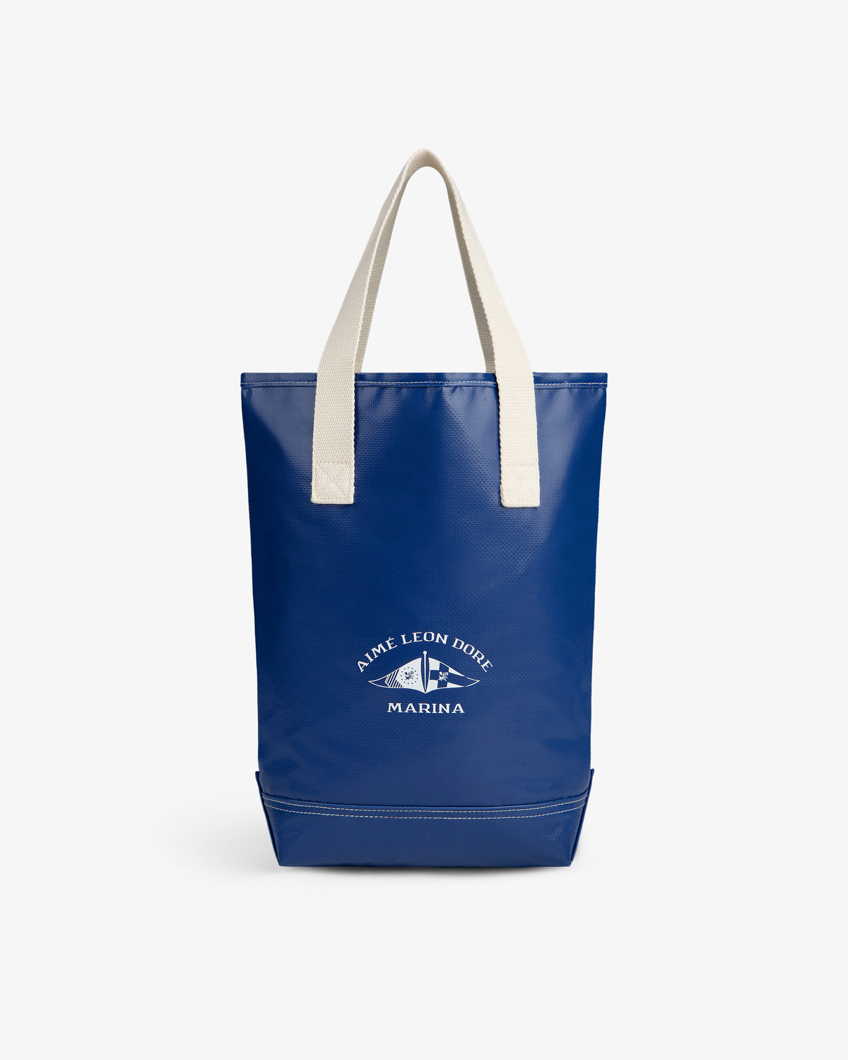 Marina Bottle Tote: Blue bag with white handles and Aime Leon Dore Marina logo printed in white on the front.
