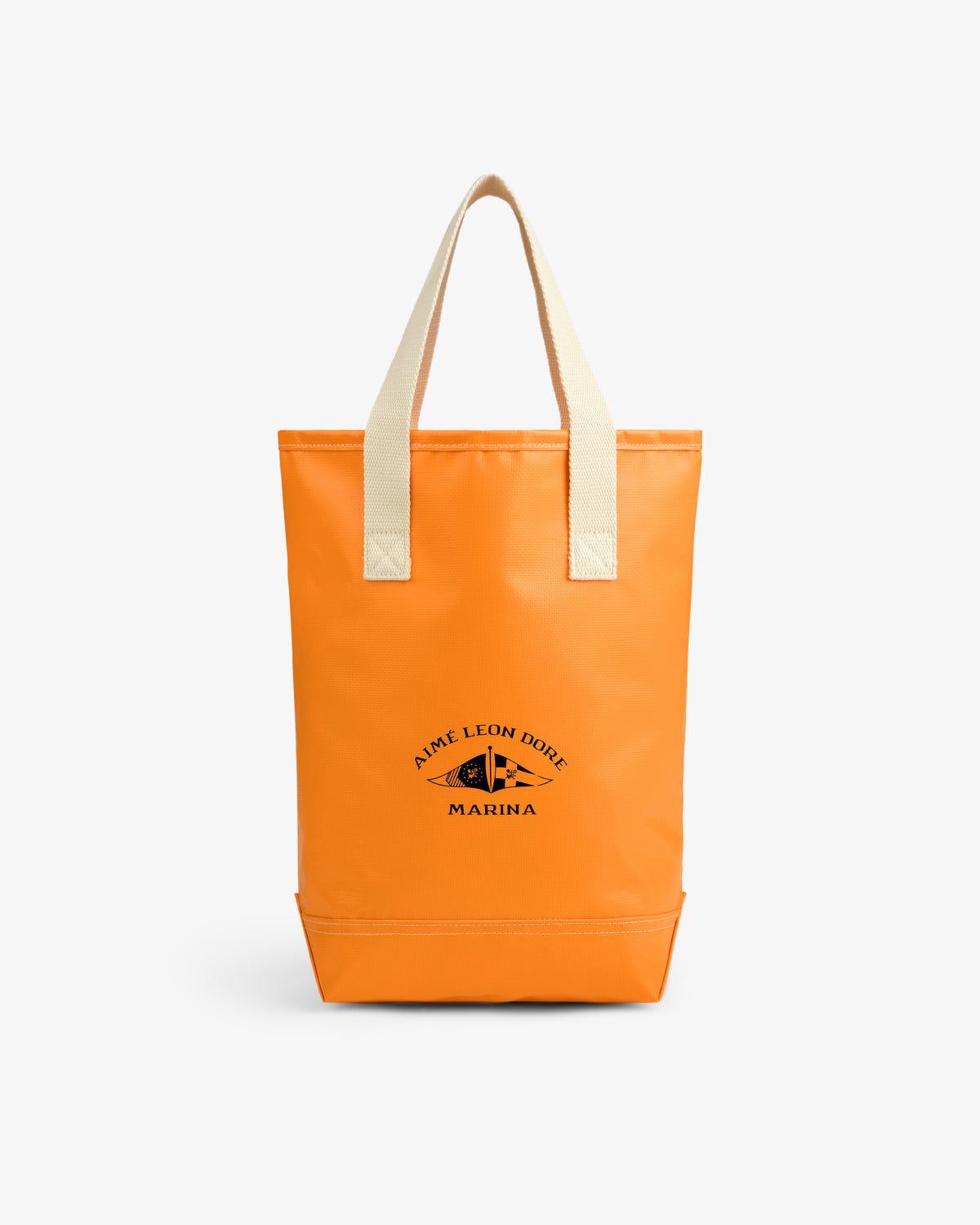 Bright orange Marina Bottle Tote with beige handles and Aime Leon Dore Marina logo printed in black on front.