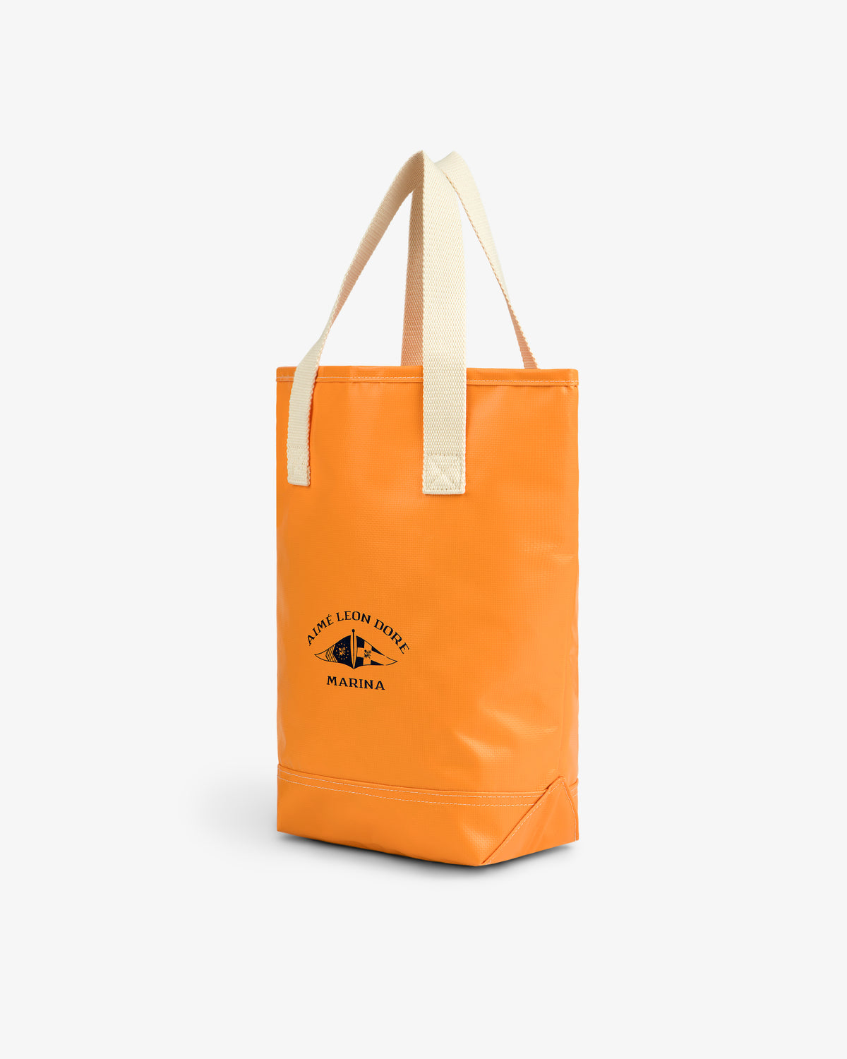 Marina Bottle Tote in orange with cream handles and black logo, displayed on a white background.