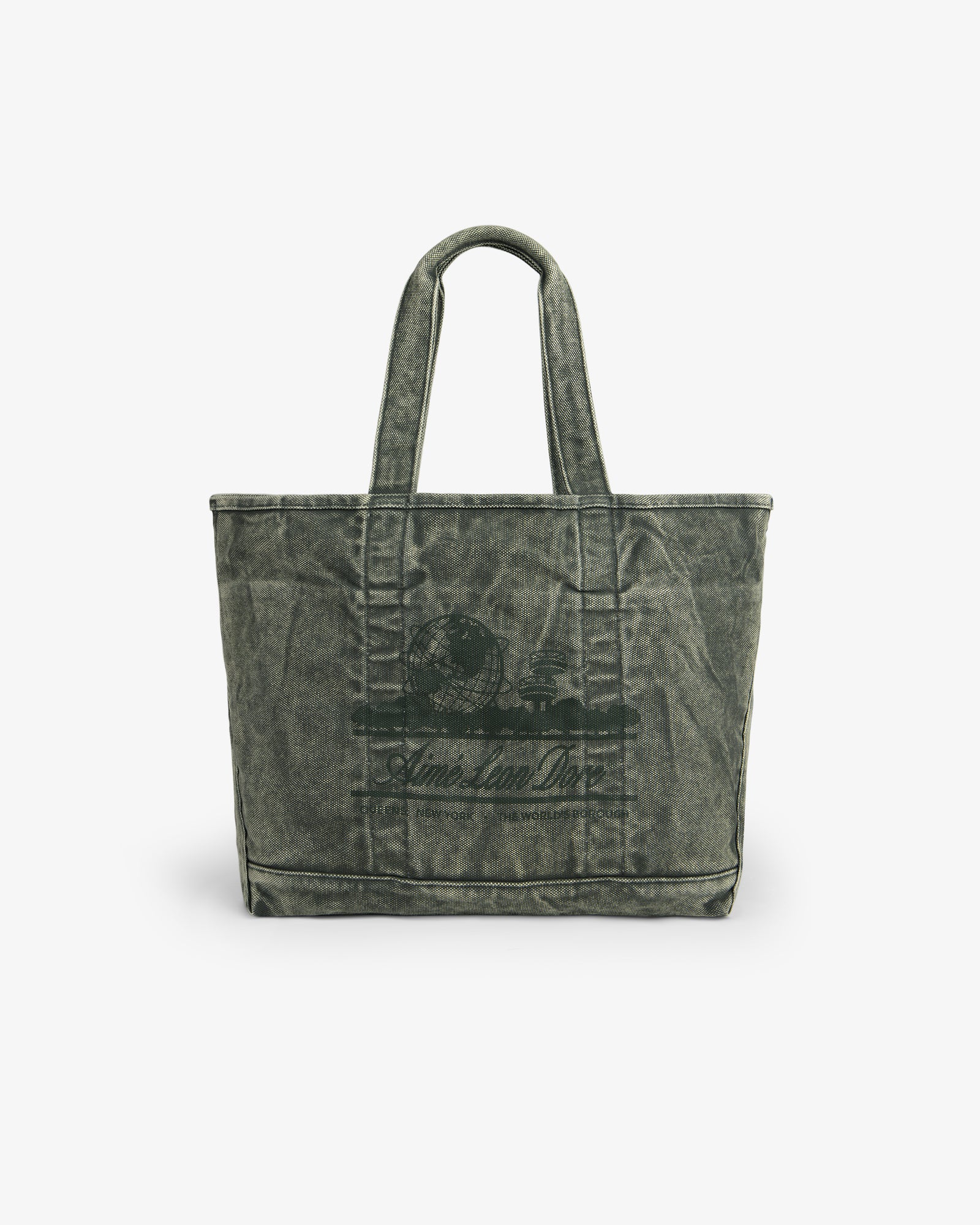 The Sun Faded Large Unisphere Tote Bag is green canvas with double handles and a dark print on the front.