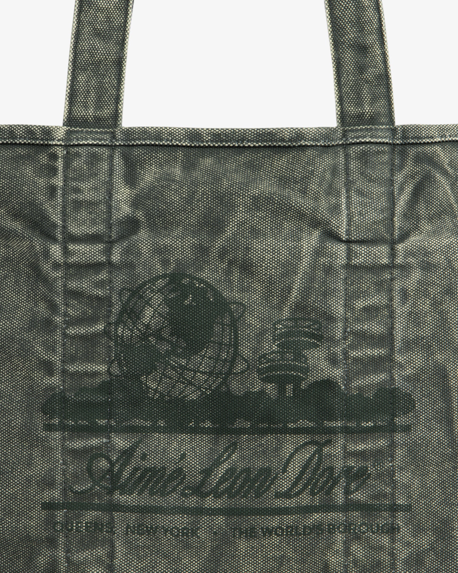 Close-up of the Sun Faded Large Unisphere Tote Bag with a printed globe, books, and "Aim-Lan Doe" on the front.