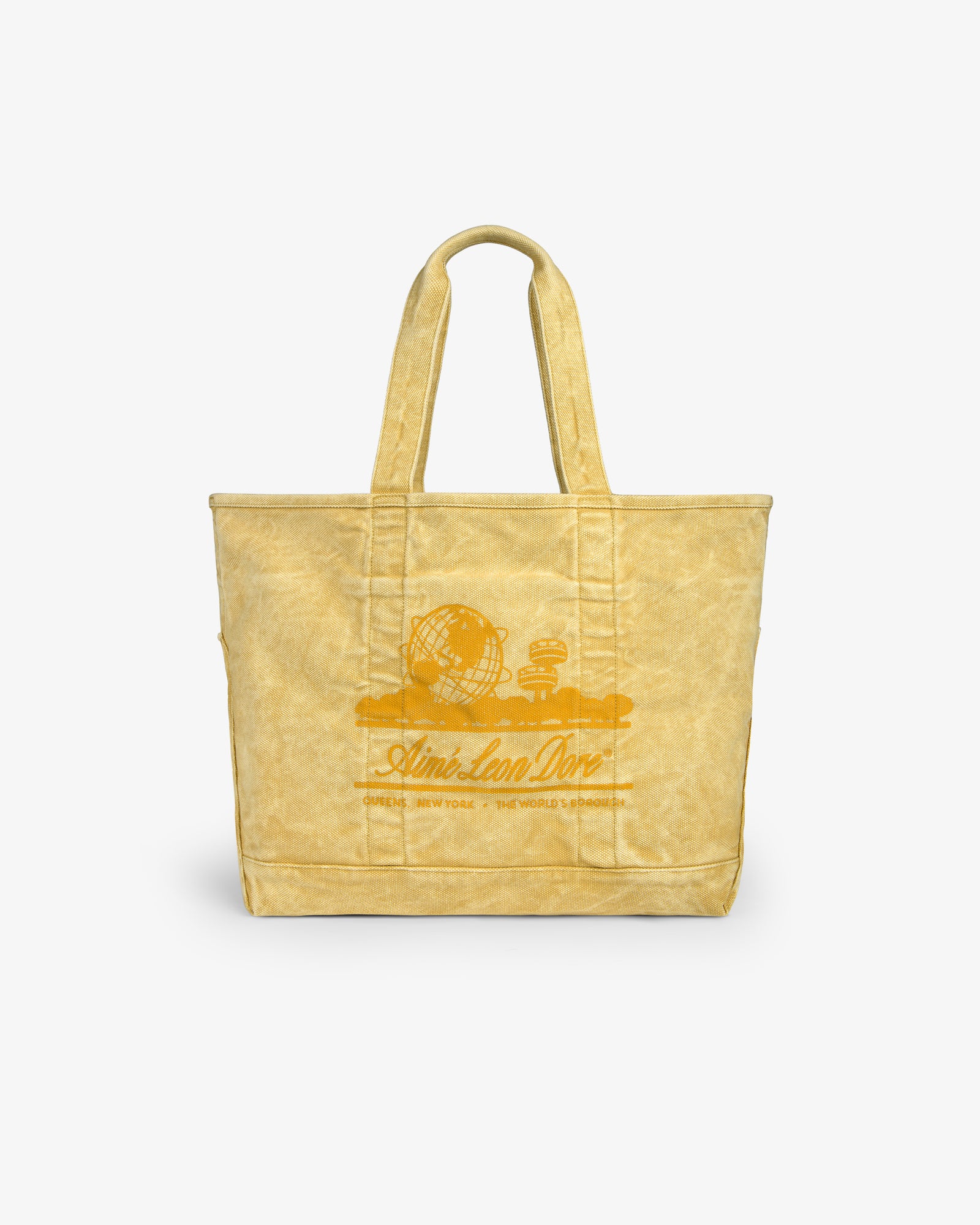 Sun Faded Large Unisphere Tote Bag with two handles, globe graphic, and “Aimé Leon Dore” logo on the front.