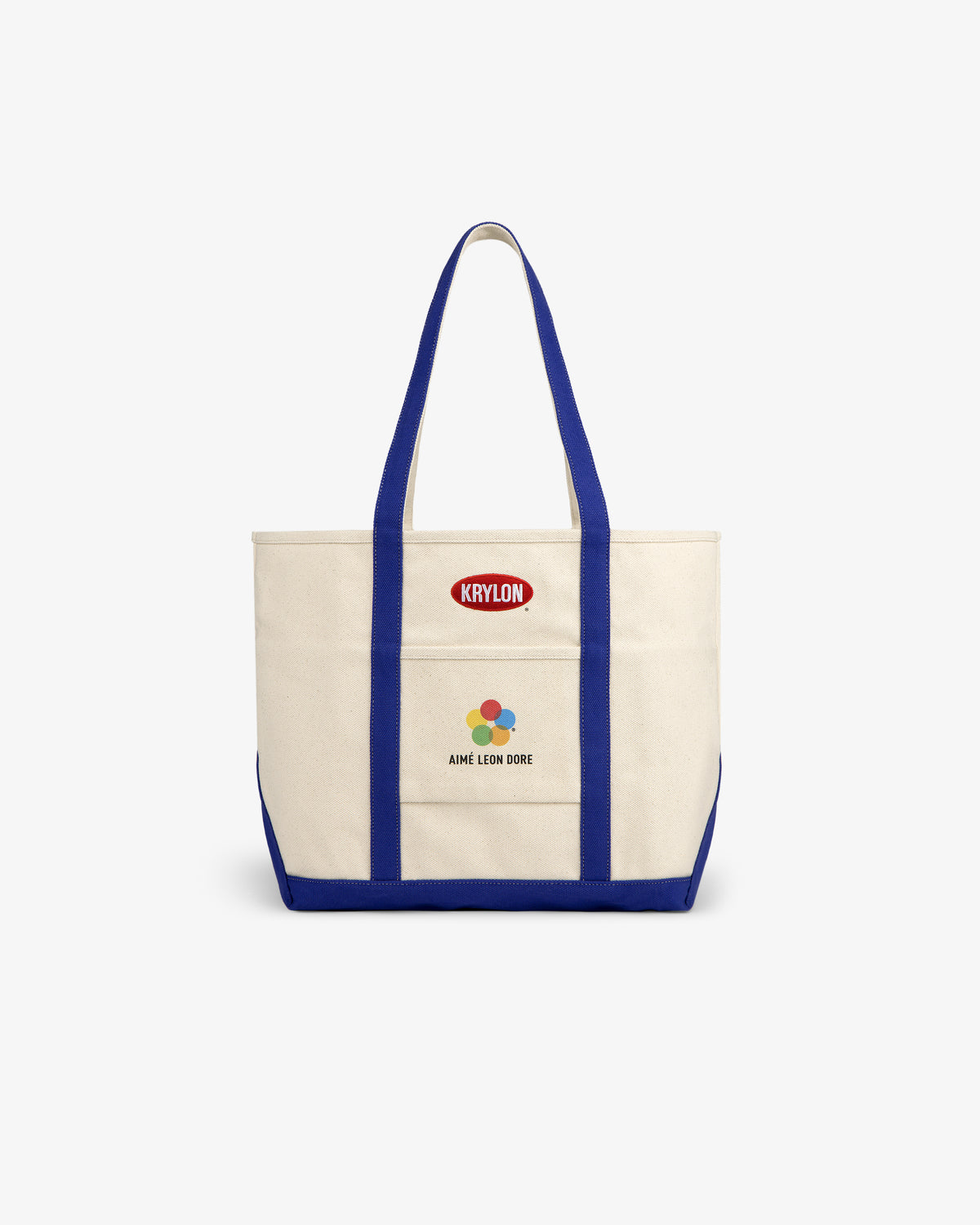 Krylon Tote Bag: Canvas tote with blue straps, KRYLON patch, and AIMÉ LEON DORE colorful front logo.