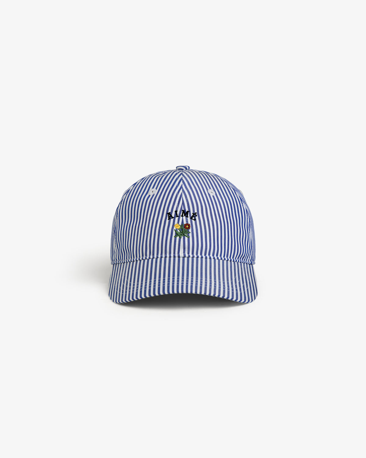 Striped Crest Logo Hat: Blue and white stripes, small flower embroidery, and "PLANT" text on front.