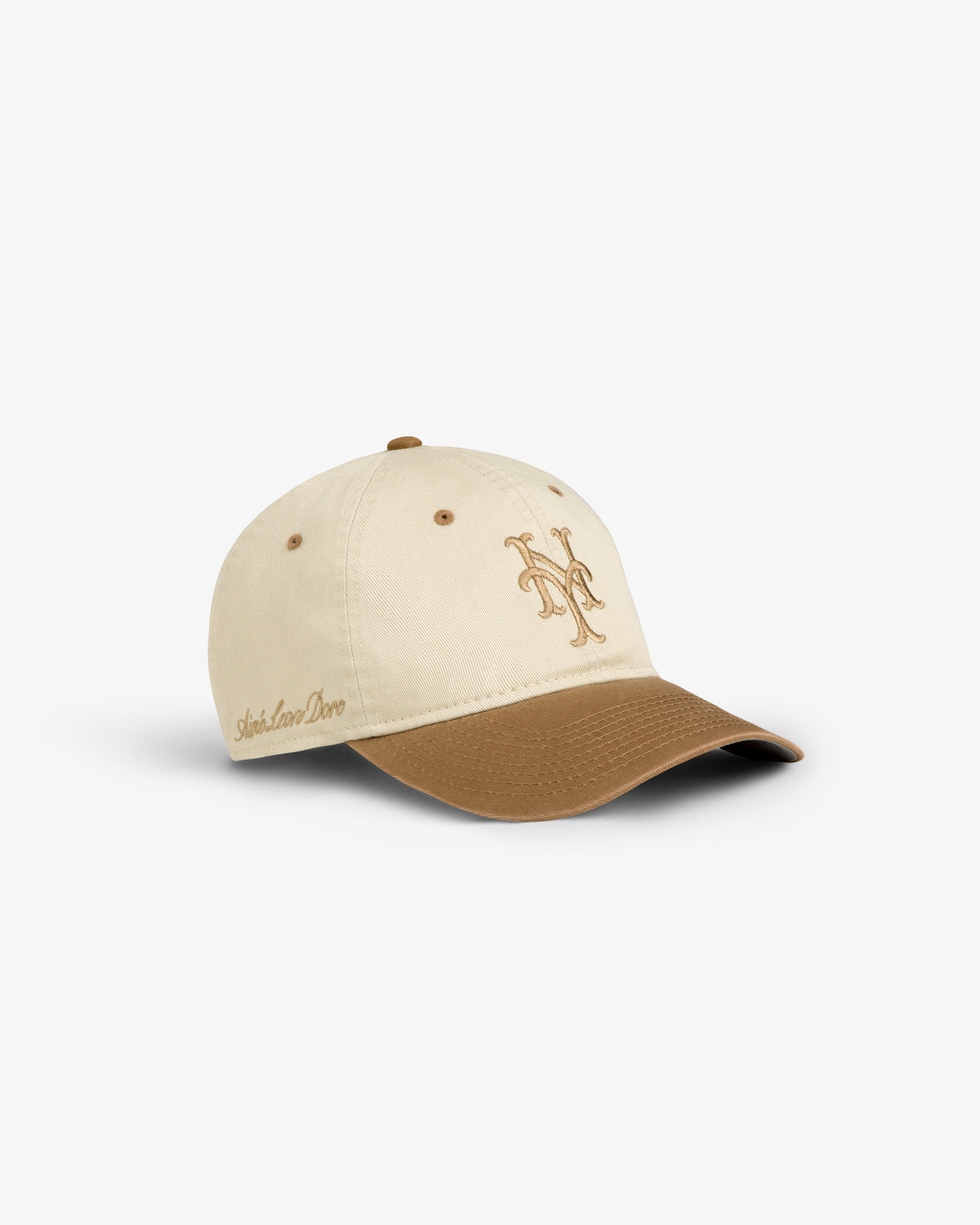 ALD / New York Mets Colorblock Ballpark Hat with beige and brown panels, NY logo front, and Aime Leon Dore on side.