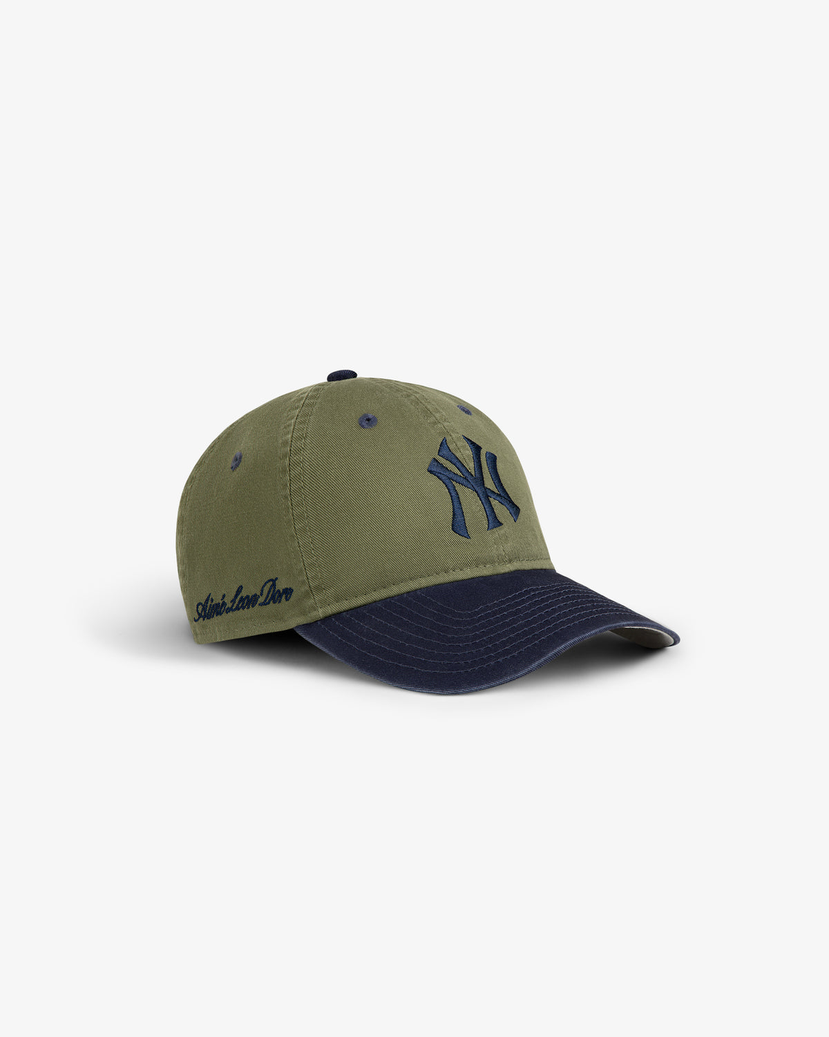 The ALD / New York Yankees Colorblock Ballpark Hat features olive, navy, a dark blue NY logo, and ALD script.