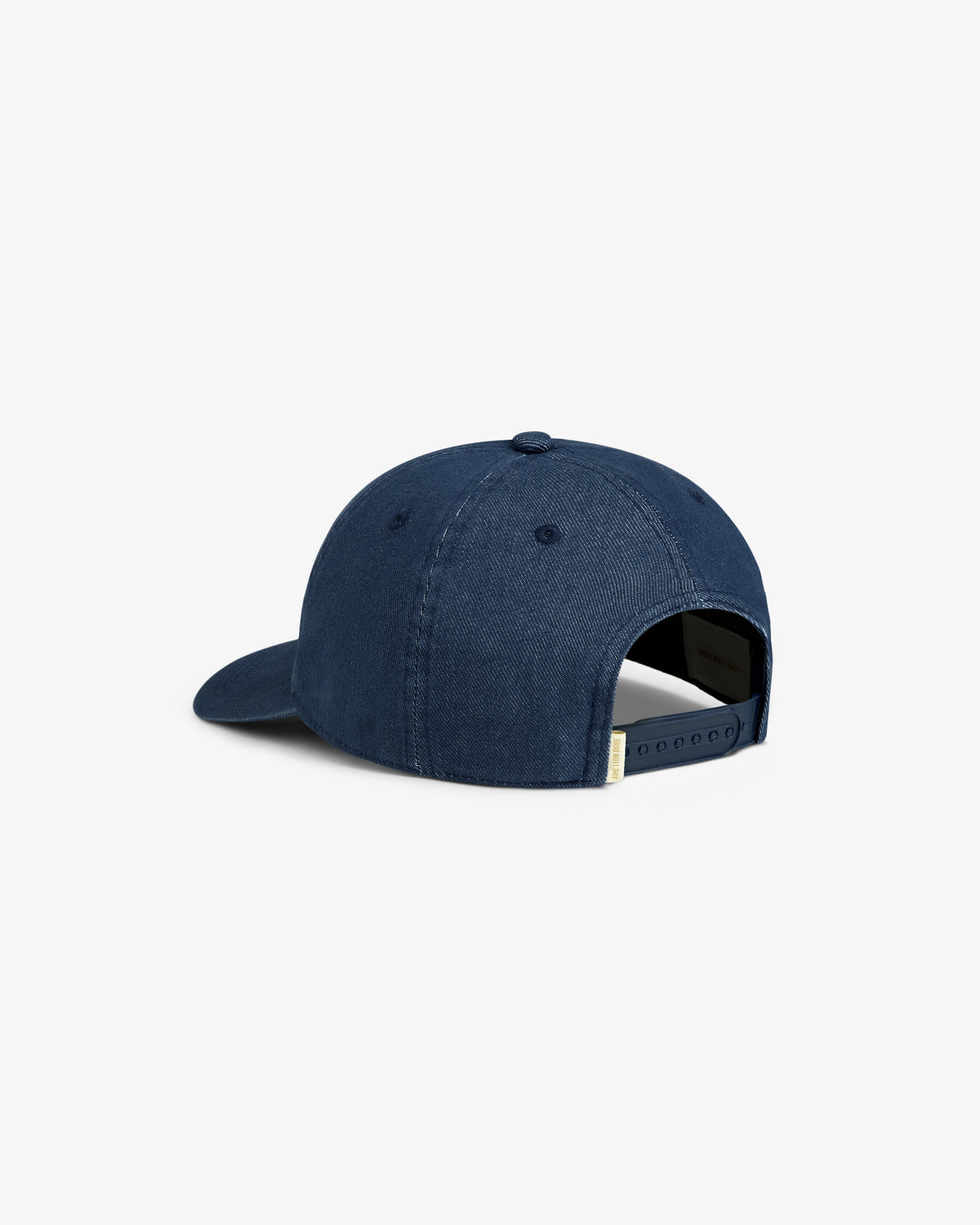 The Vintage Micro Logo Hat in navy blue features an adjustable strap and a curved brim, shown from the back.