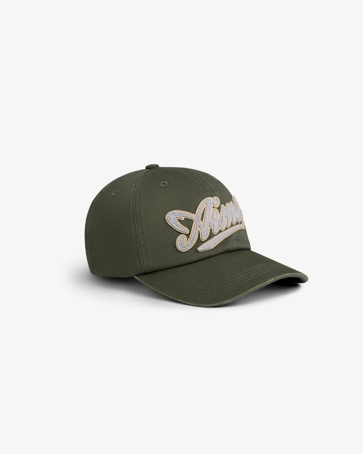Olive green Cycling Logo Hat with curved brim and raised cream script embroidery on the front.