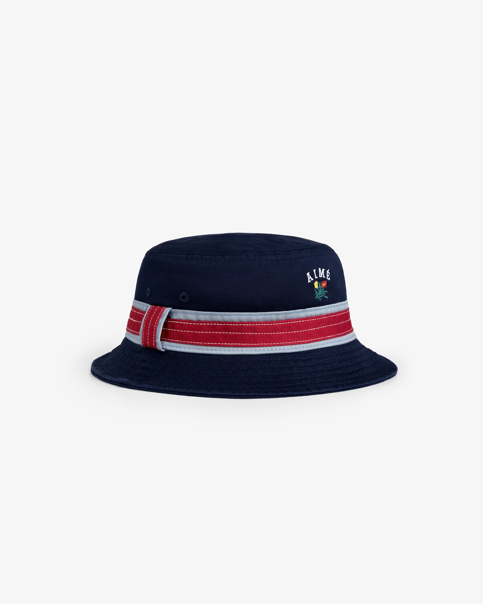 Crest Bucket Hat in navy blue with a red and white striped band, embroidered text, and flower on the front.