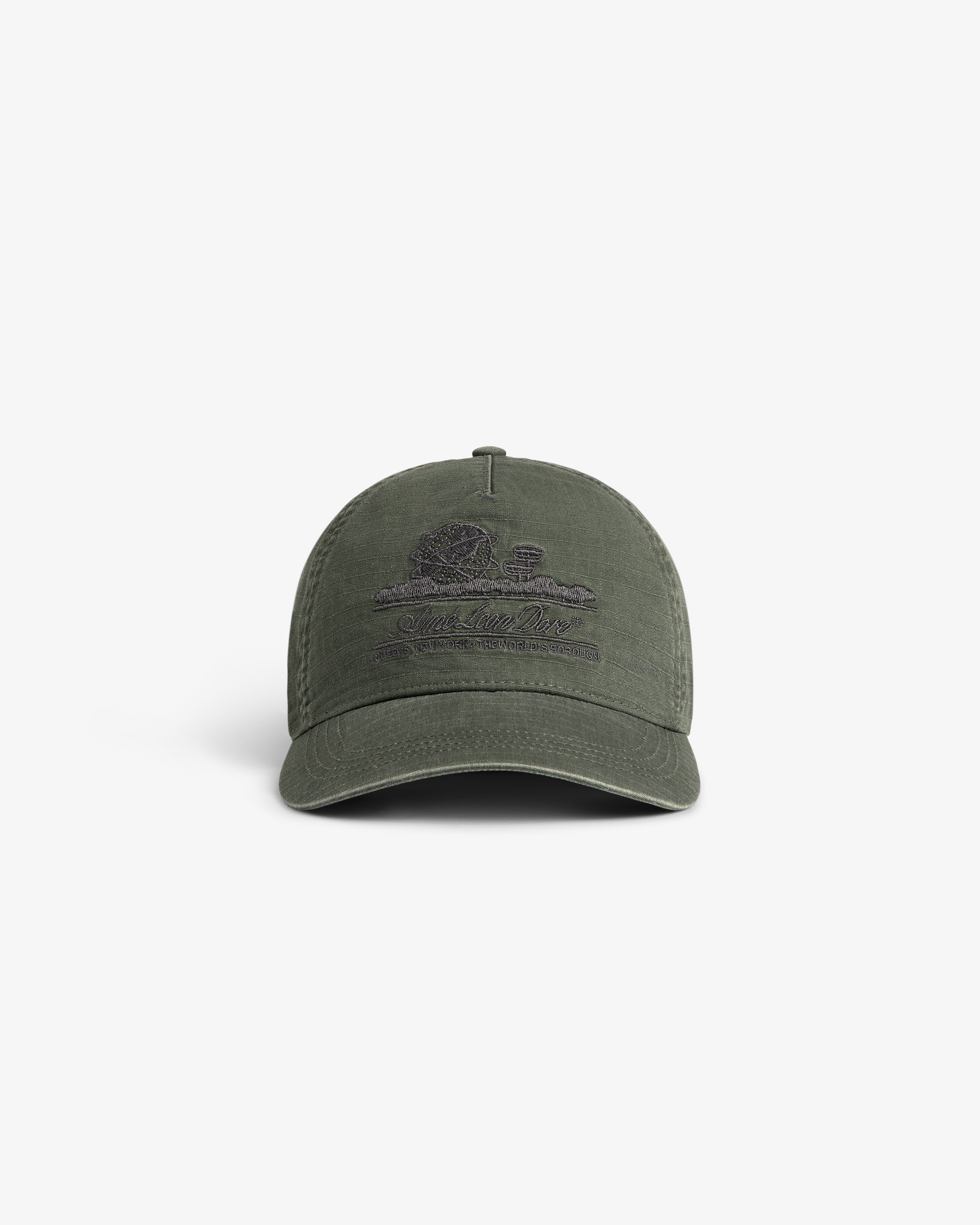 Sun Faded Unisphere Hat in olive green with embroidered nature scene and text on front, shown on white background.