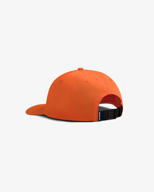 A Nylon Sport Hat in orange, shown from the back with an adjustable black strap and buckle.