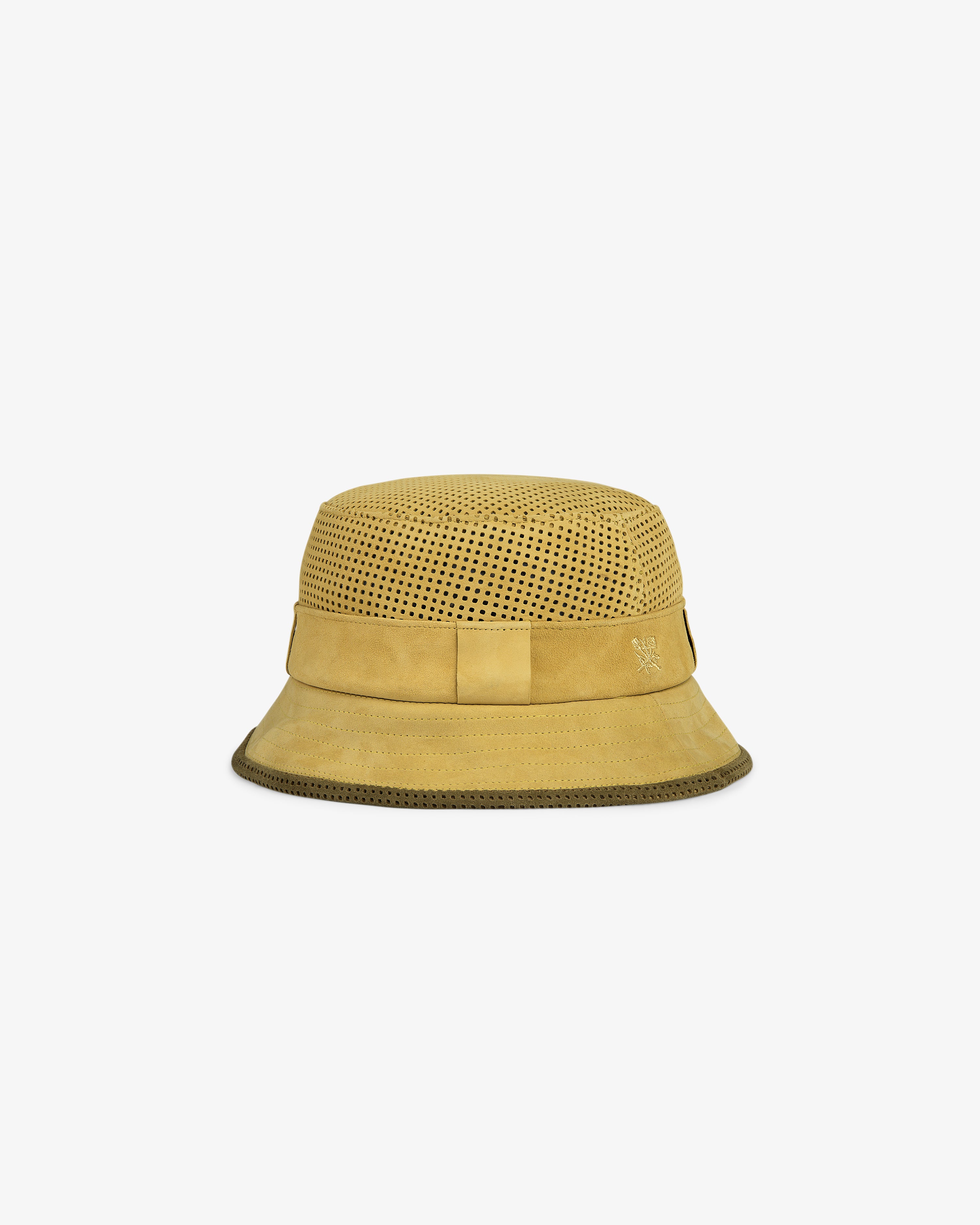 Perforated Suede Bucket Hat in tan suede, featuring a perforated crown and solid brim, shown on a white background.